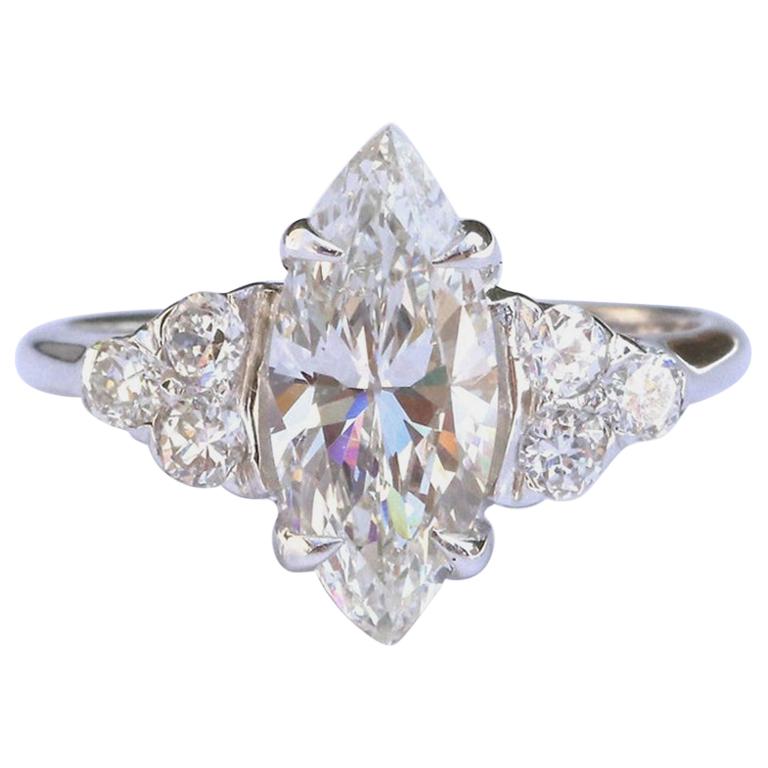 Vintage GIA 1.53 Carat Marquise Cut Diamond Gold Engagement Ring