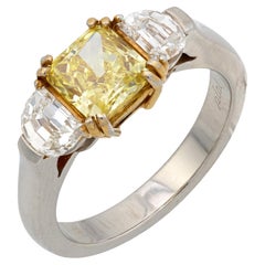 Vintage GIA 1.54 fancy intense yellow diamond platinum 3 stone ring