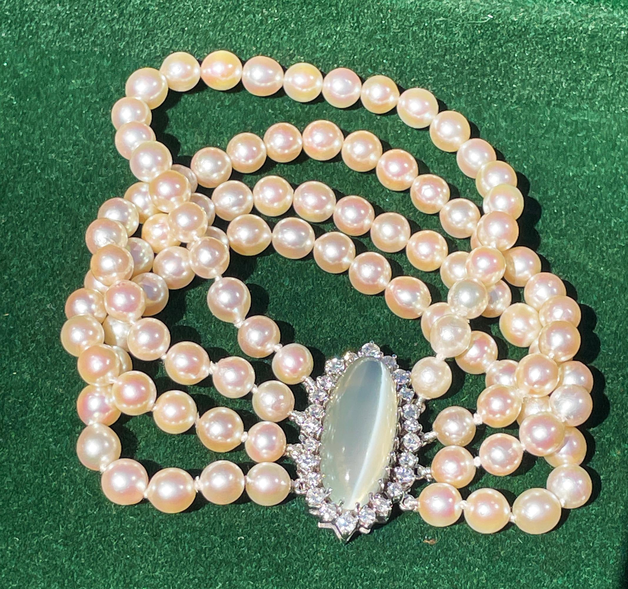 Vintage GIA 16.50ctw Cat's-Eye Moonstone Diamond Cultured Pearl 4 Strands 14KWG For Sale 5