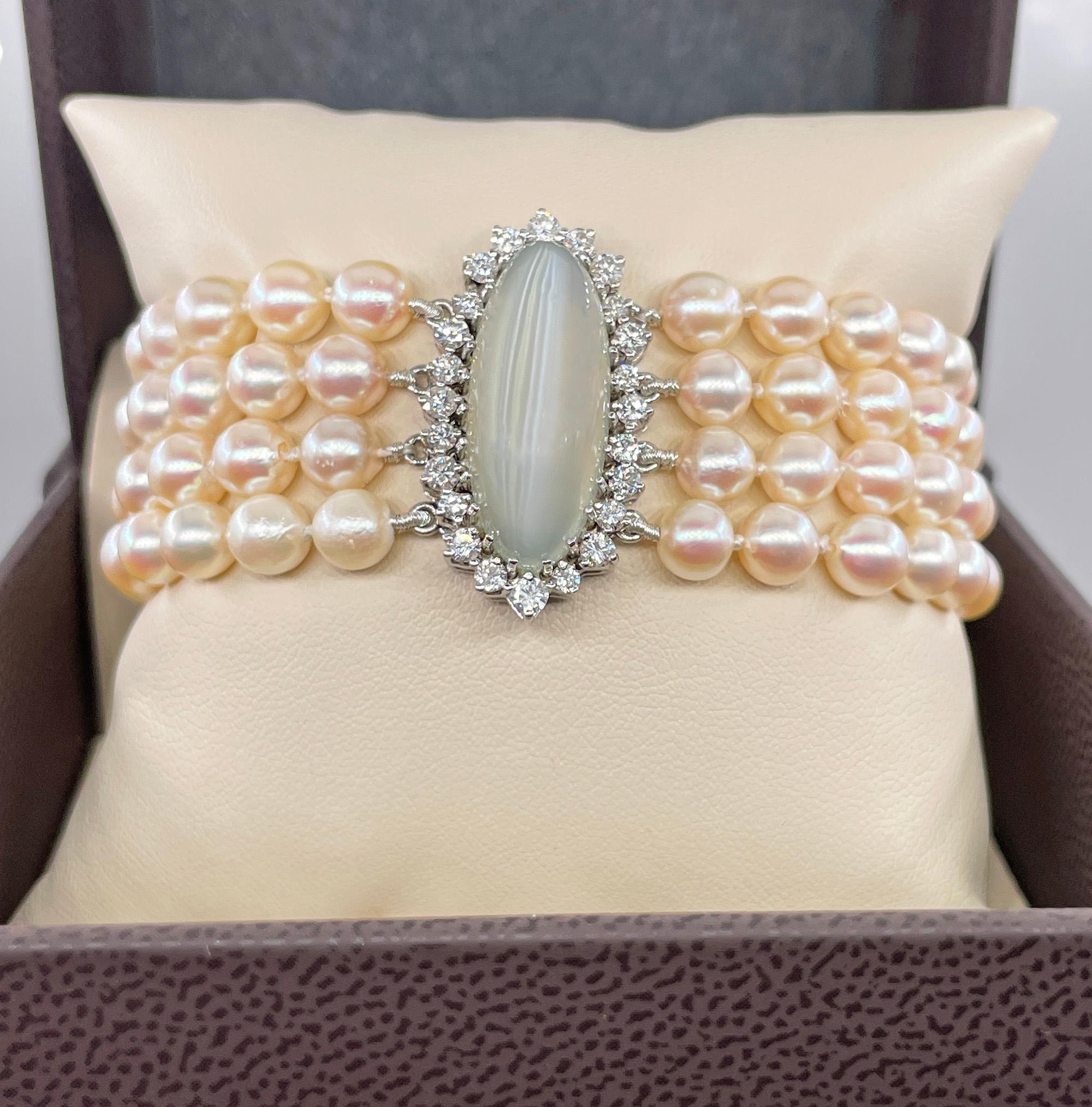 Vintage GIA 16.50ctw Cat's-Eye Moonstone Diamond Cultured Pearl 4 Strands 14KWG For Sale 7