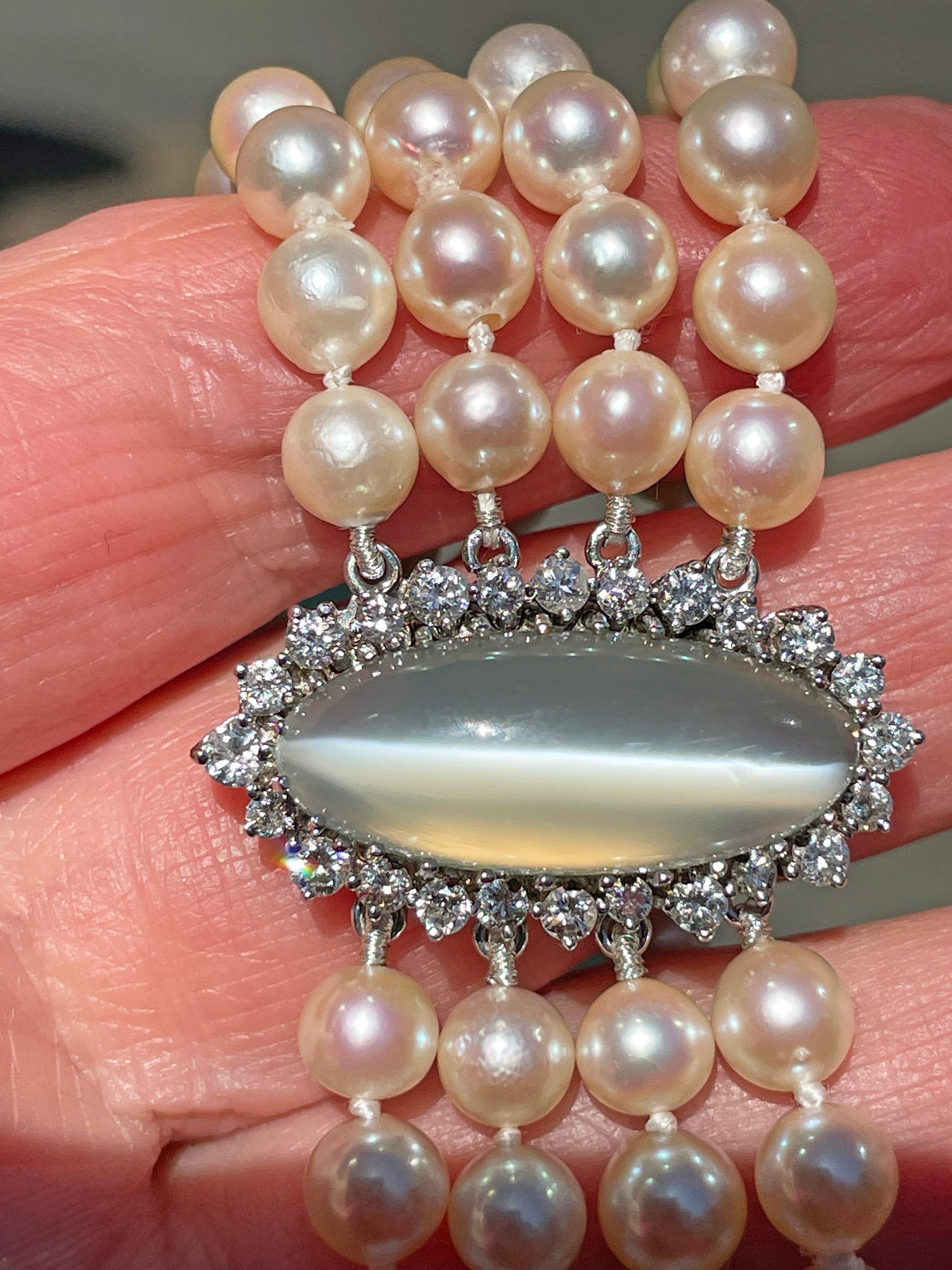 Vintage GIA 16.50ctw Cat's-Eye Moonstone Diamond Cultured Pearl 4 Strands 14KWG For Sale 13