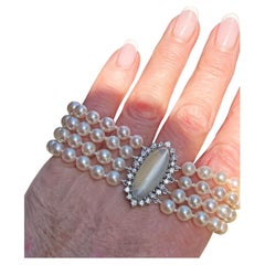 Vintage GIA 16.50ctw Cat's-Eye Moonstone Diamond Cultured Pearl 4 Strands 14KWG