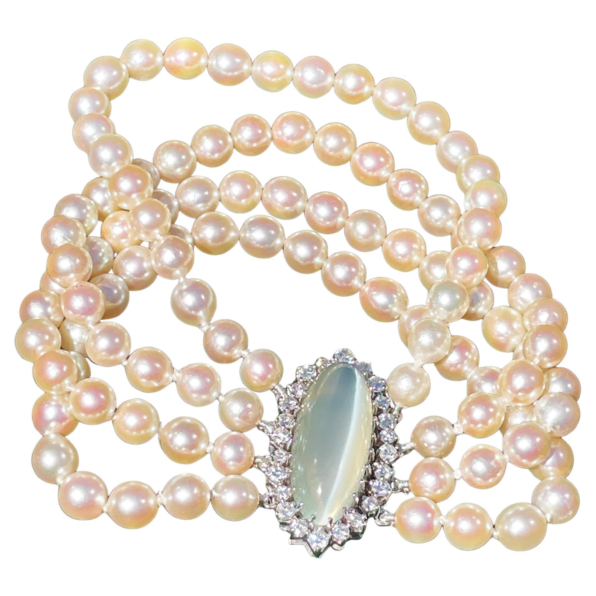 Retro Vintage GIA 16.50ctw Cat's-Eye Moonstone Diamond Cultured Pearl 4 Strands 14KWG For Sale