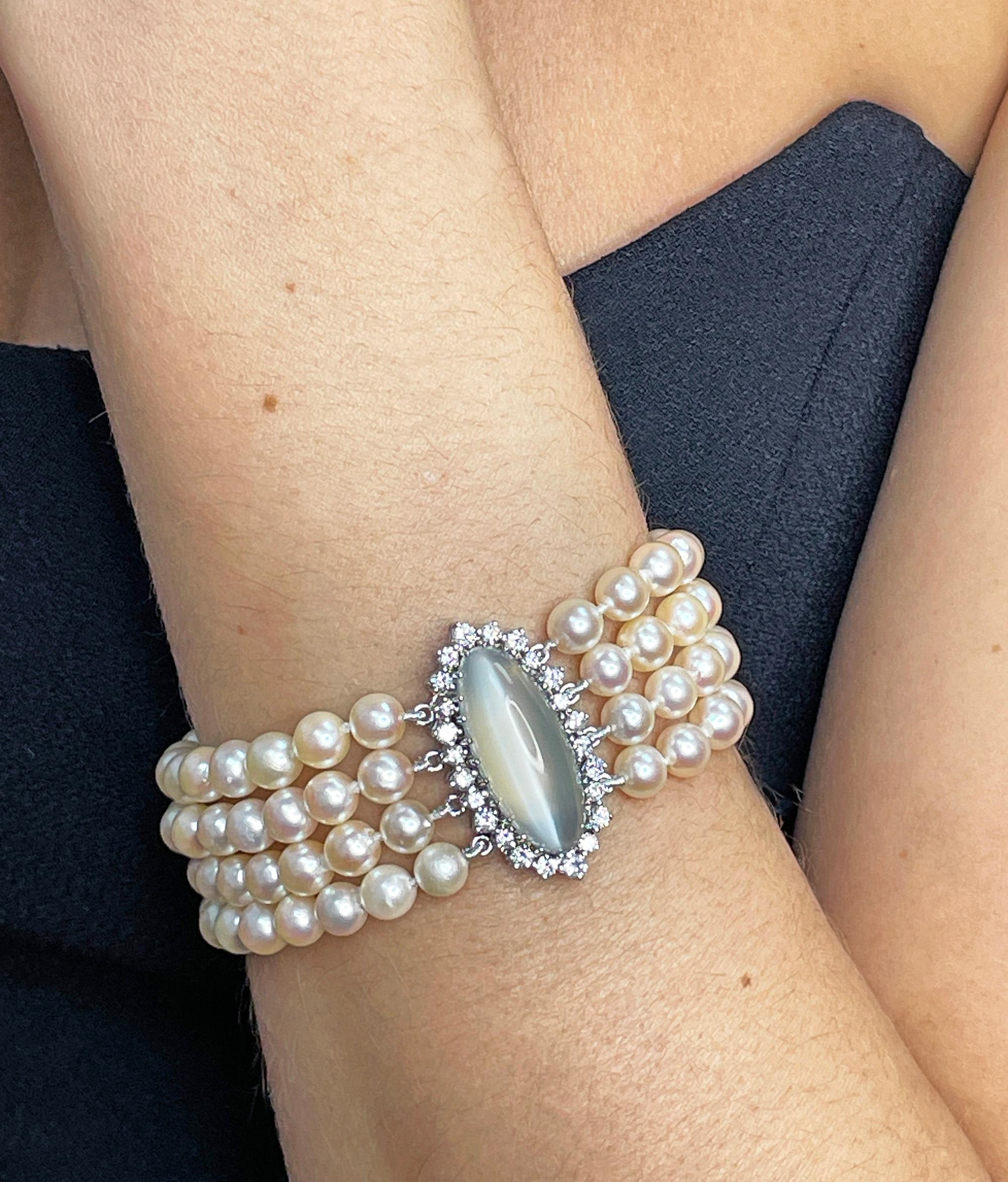 Cabochon Vintage GIA 16.50ctw Cat's-Eye Moonstone Diamond Cultured Pearl 4 Strands 14KWG For Sale