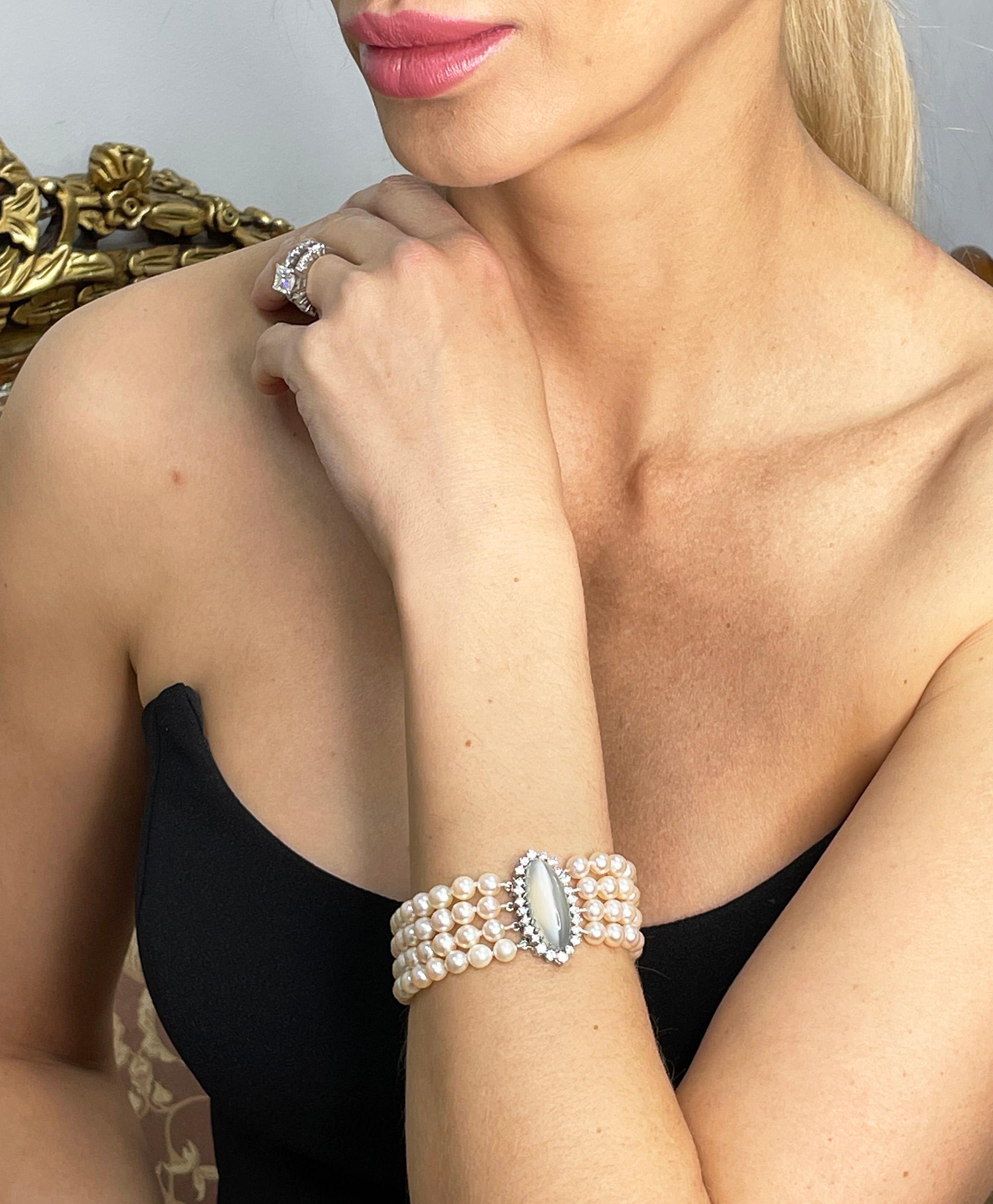 Vintage GIA 16.50ctw Cat's-Eye Moonstone Diamond Cultured Pearl 4 Strands 14KWG In Good Condition For Sale In New York, NY