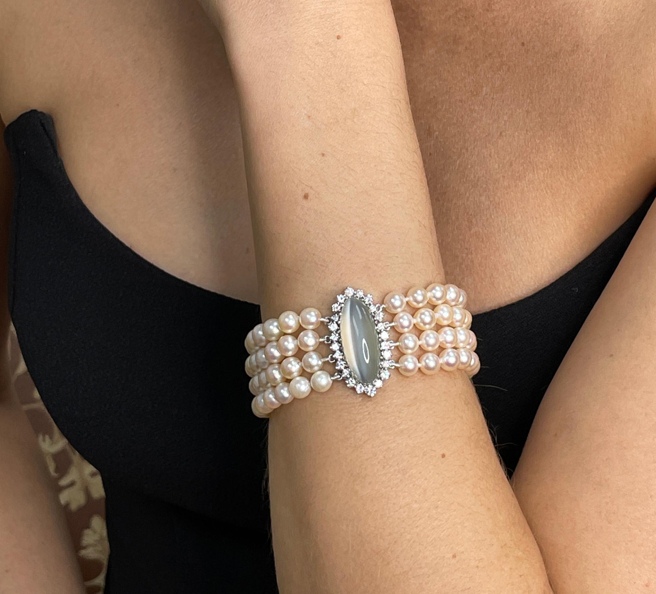 Women's Vintage GIA 16.50ctw Cat's-Eye Moonstone Diamond Cultured Pearl 4 Strands 14KWG For Sale