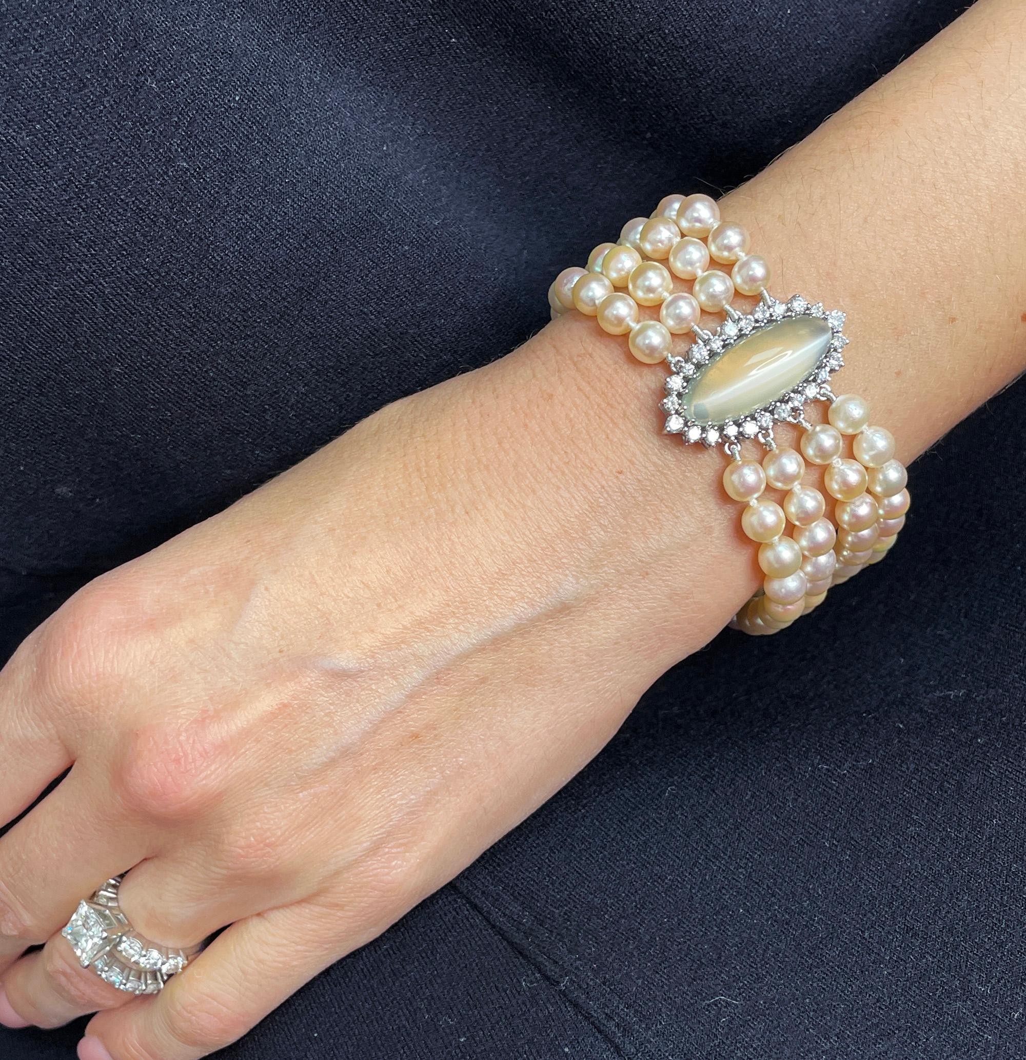 Vintage GIA 16.50ctw Cat's-Eye Moonstone Diamond Cultured Pearl 4 Strands 14KWG For Sale 1
