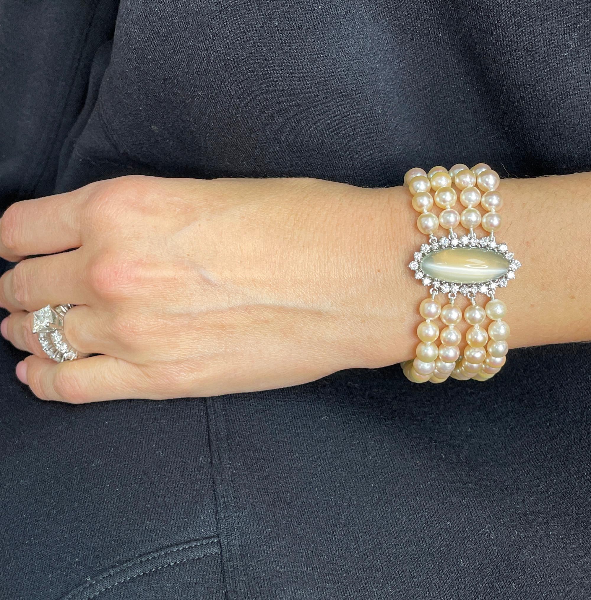 Vintage GIA 16.50ctw Cat's-Eye Moonstone Diamond Cultured Pearl 4 Strands 14KWG For Sale 2
