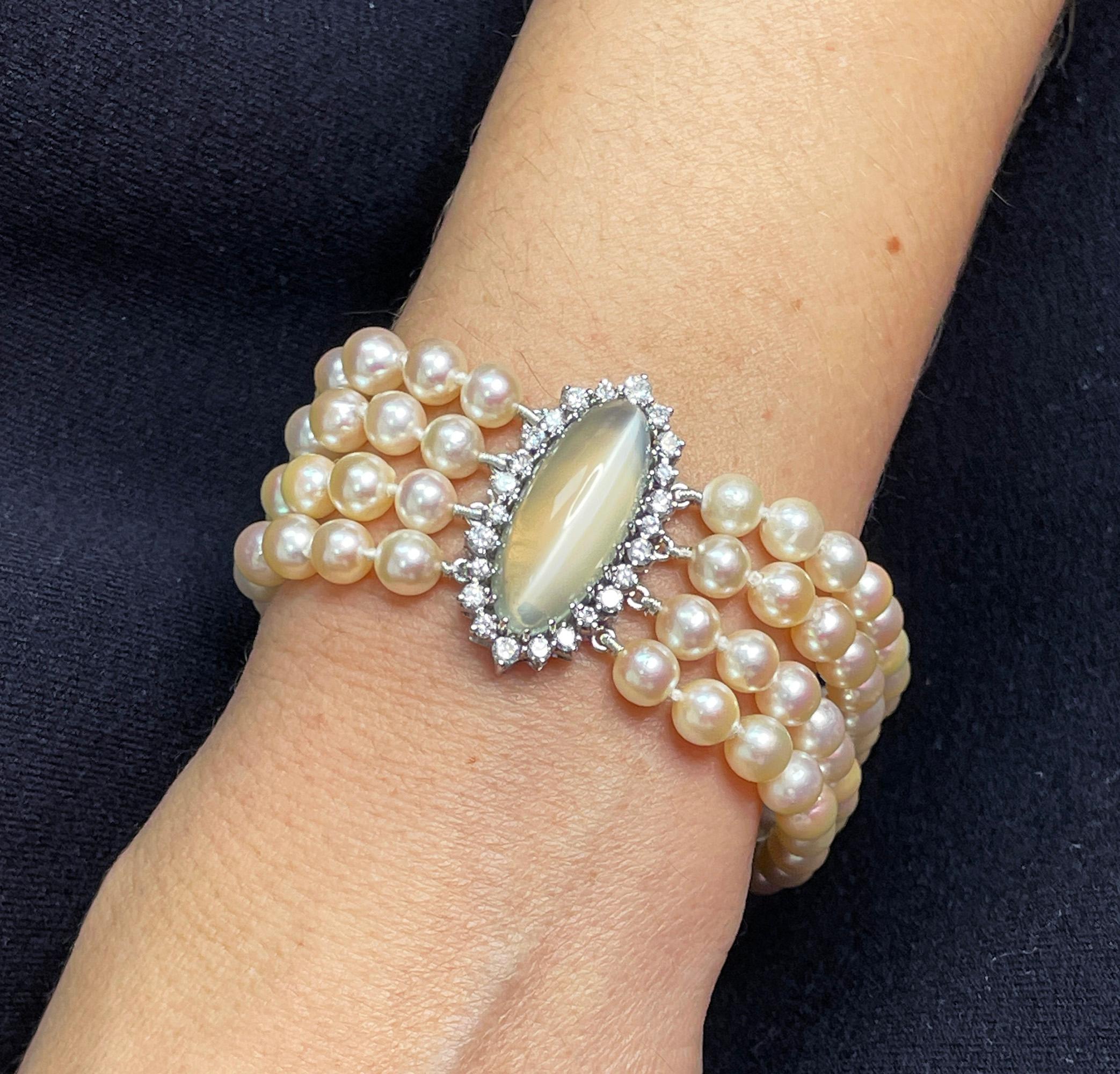 Vintage GIA 16.50ctw Cat's-Eye Moonstone Diamond Cultured Pearl 4 Strands 14KWG For Sale 3
