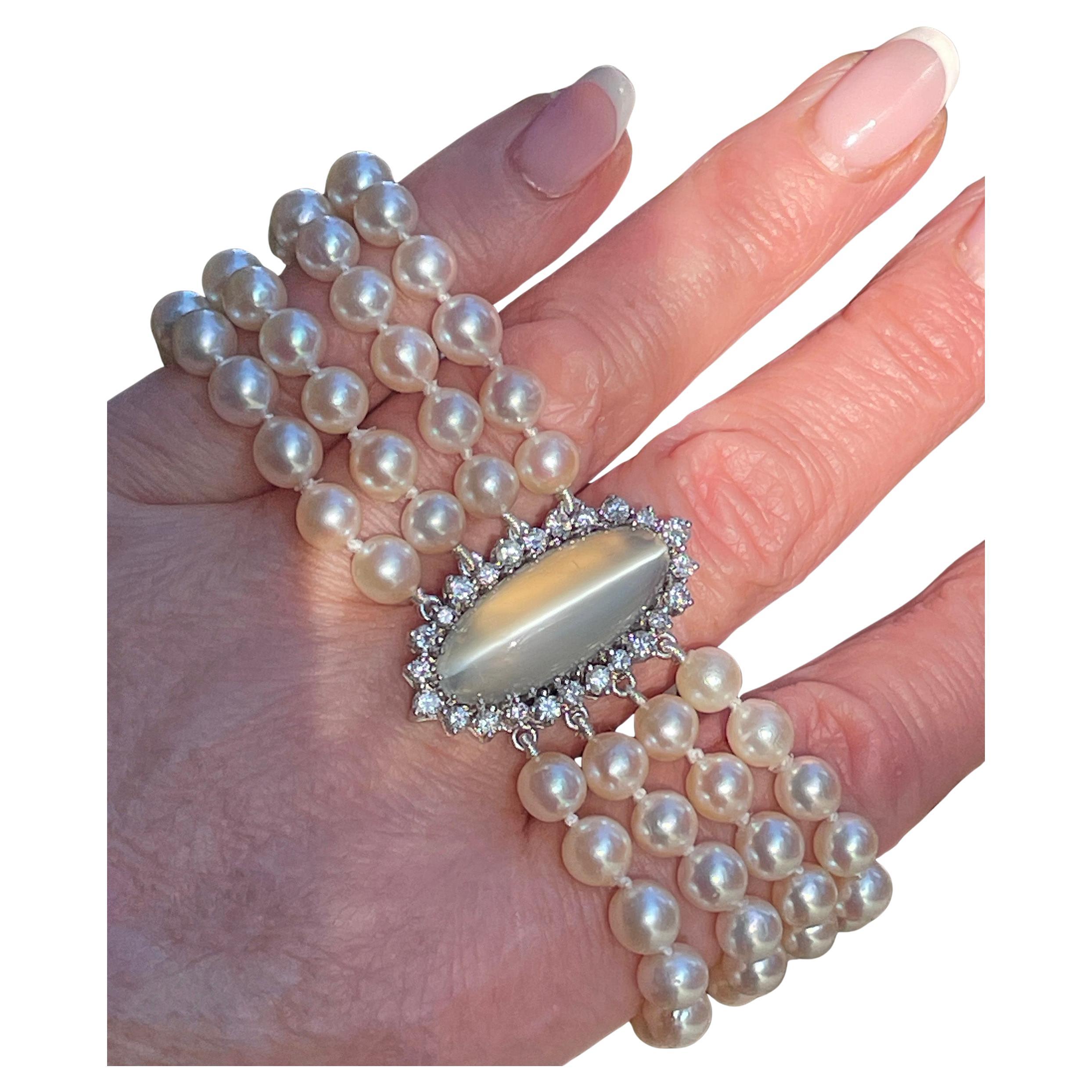 Vintage GIA 16.50ctw Cat's-Eye Moonstone Diamond Cultured Pearl 4 Strands 14KWG For Sale