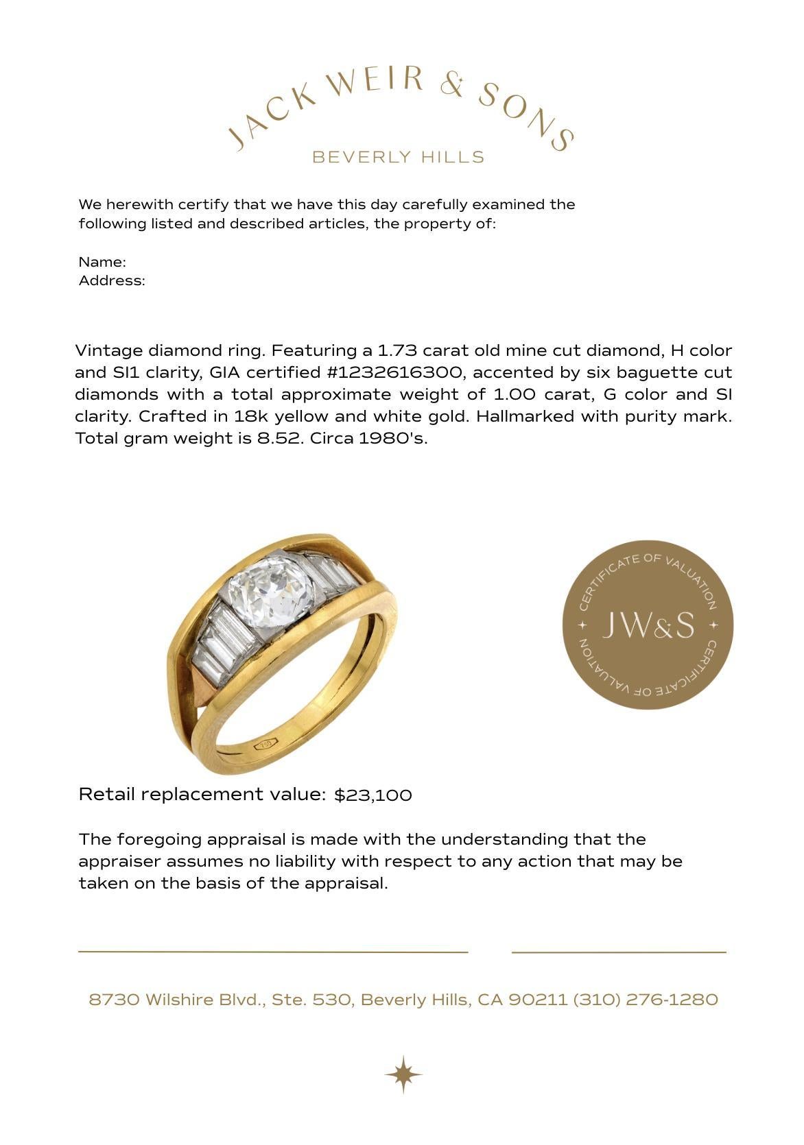 Anello vintage GIA con diamante old mine cut da 1,73 carati in oro 18k in vendita 2
