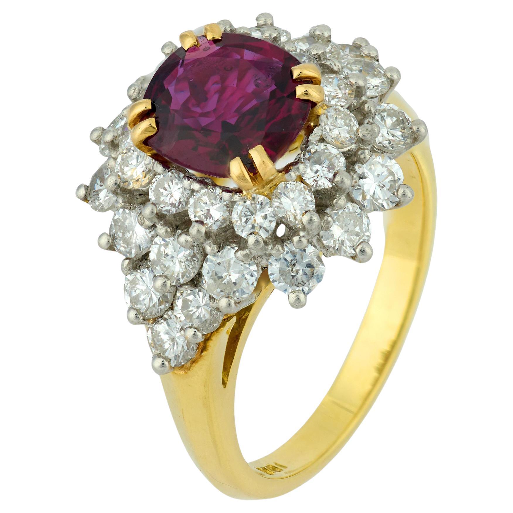 Vintage GIA 1.80 carat no heat ruby diamond 18k gold cocktail ring For Sale