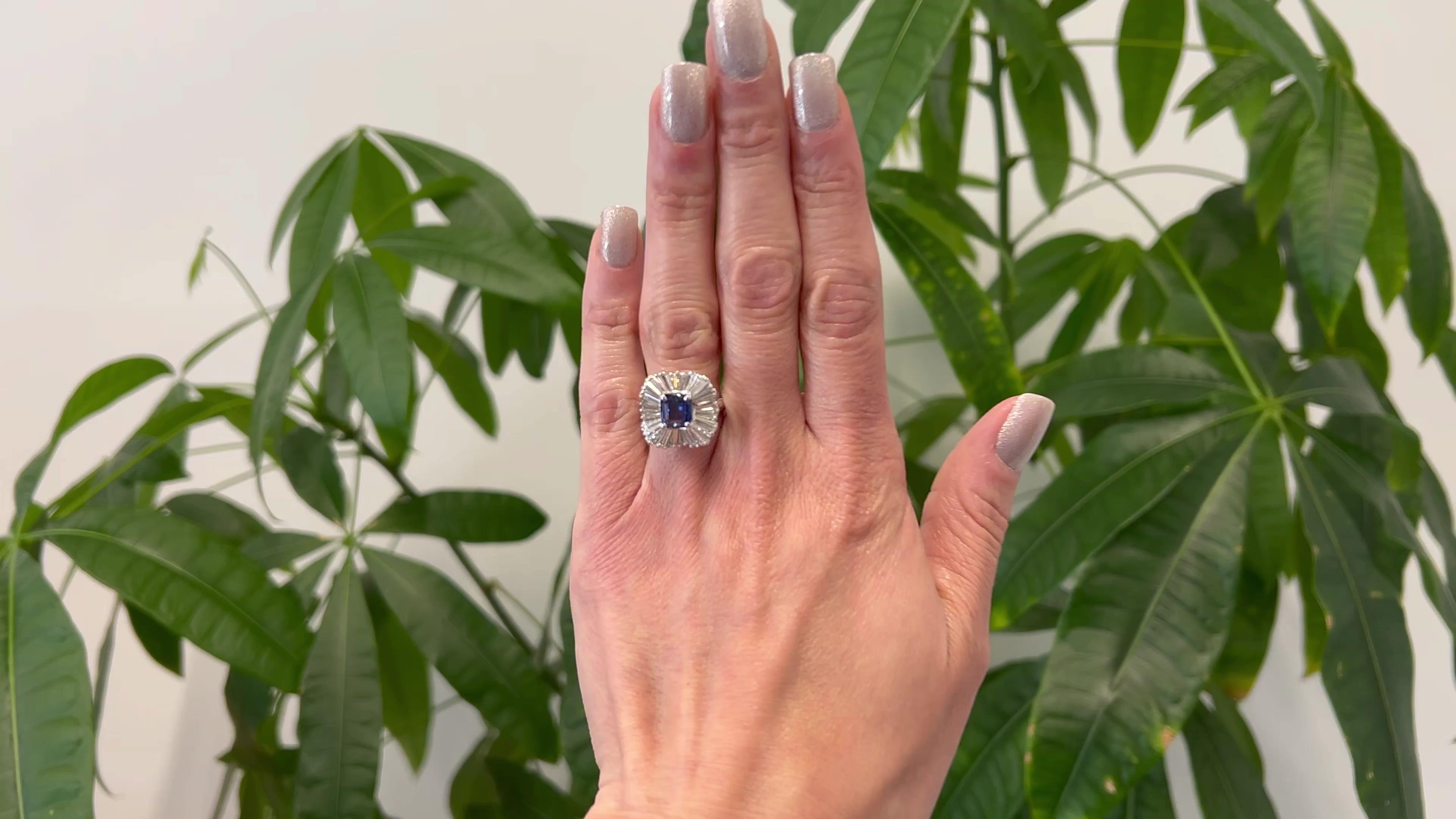 One Vintage GIA 1.87 Carat Burma No Heat Sapphire and Diamond 14k White Gold Ballerina Ring. Featuring one GIA cushion mixed cut sapphire of 1.87 carats, accompanied with GIA #6224772366 stating the sapphire is of Burma (Myanmar) origin and has no