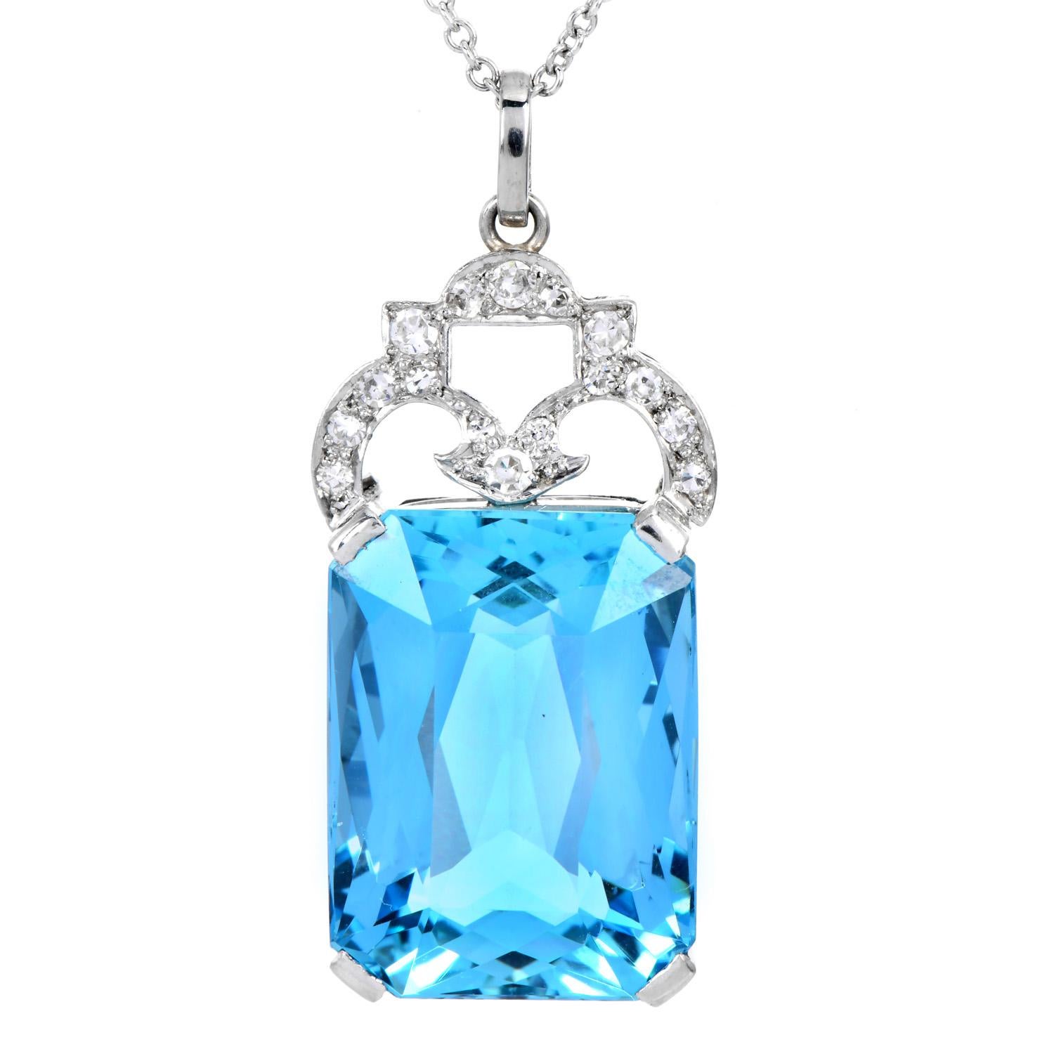 An ocean Blue Aquamarine and Diamond Pendant Necklace in 14K White Gold.

Natural GIA certified as Greenis blue Aquamarine Basket set with a white gold crown decorated with natural Single cut near colorless diamonds. 

Aquamarine is Octagonal