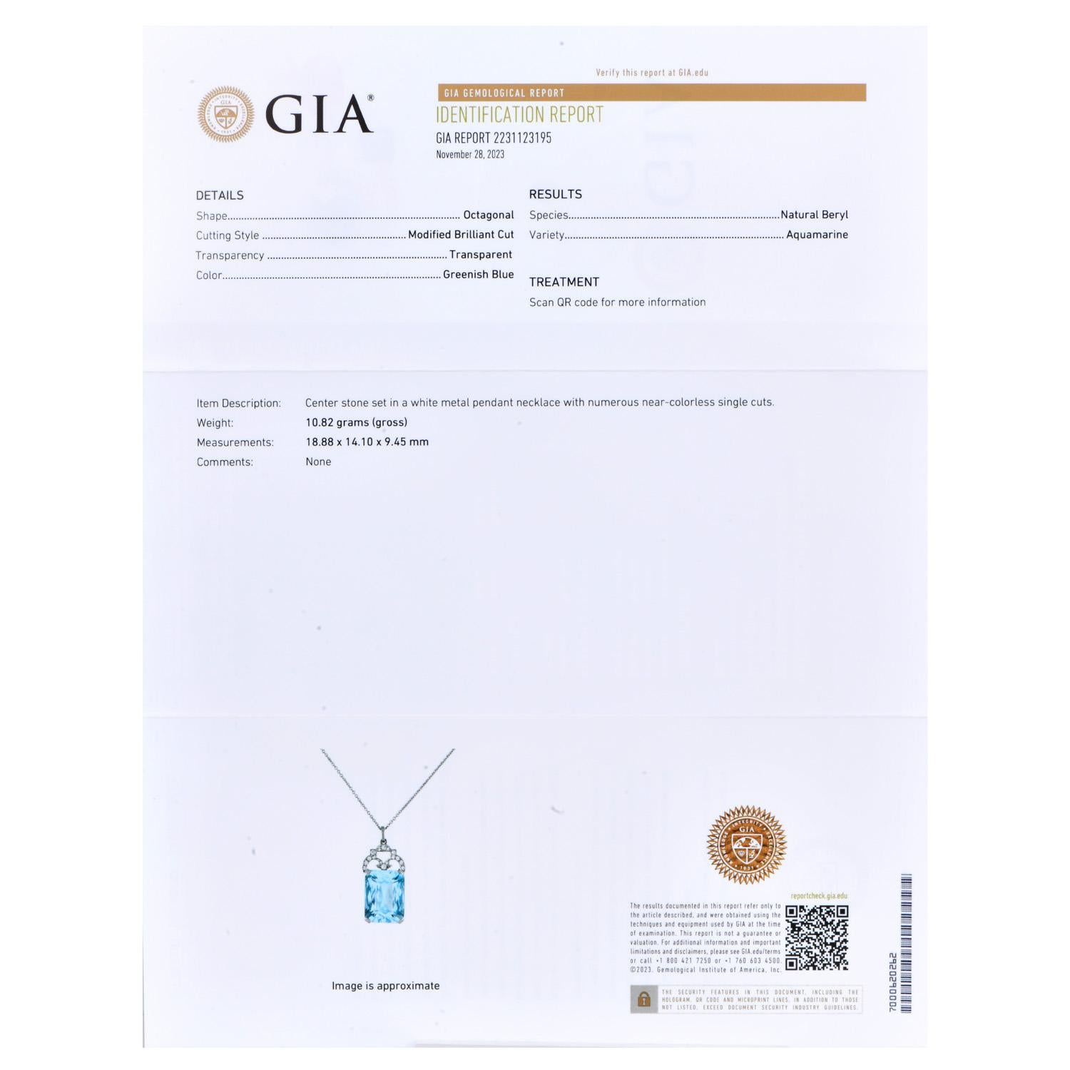 Art Deco Vintage GIA 18.95ct Aquamarine Diamond Gold Pendant Necklace For Sale