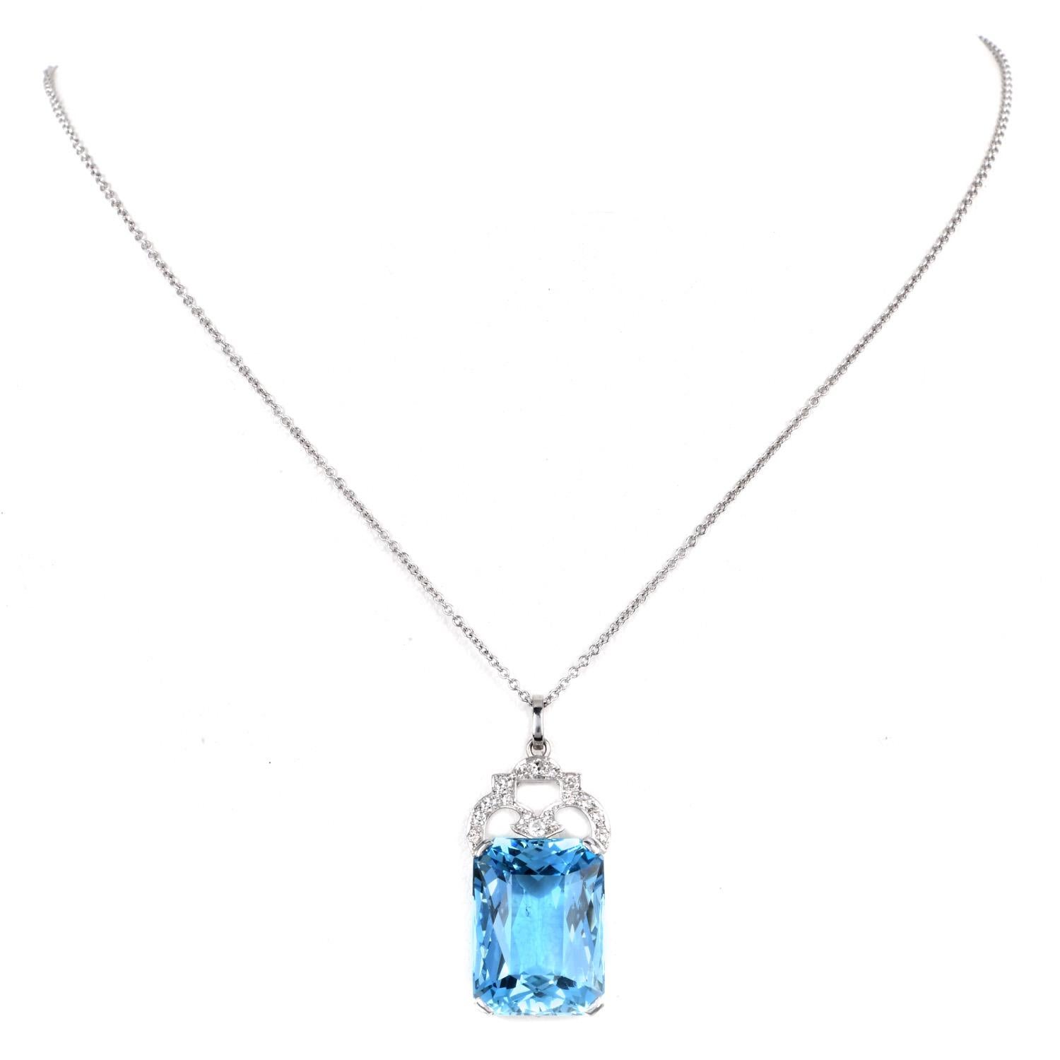 Emerald Cut Vintage GIA 18.95ct Aquamarine Diamond Gold Pendant Necklace For Sale