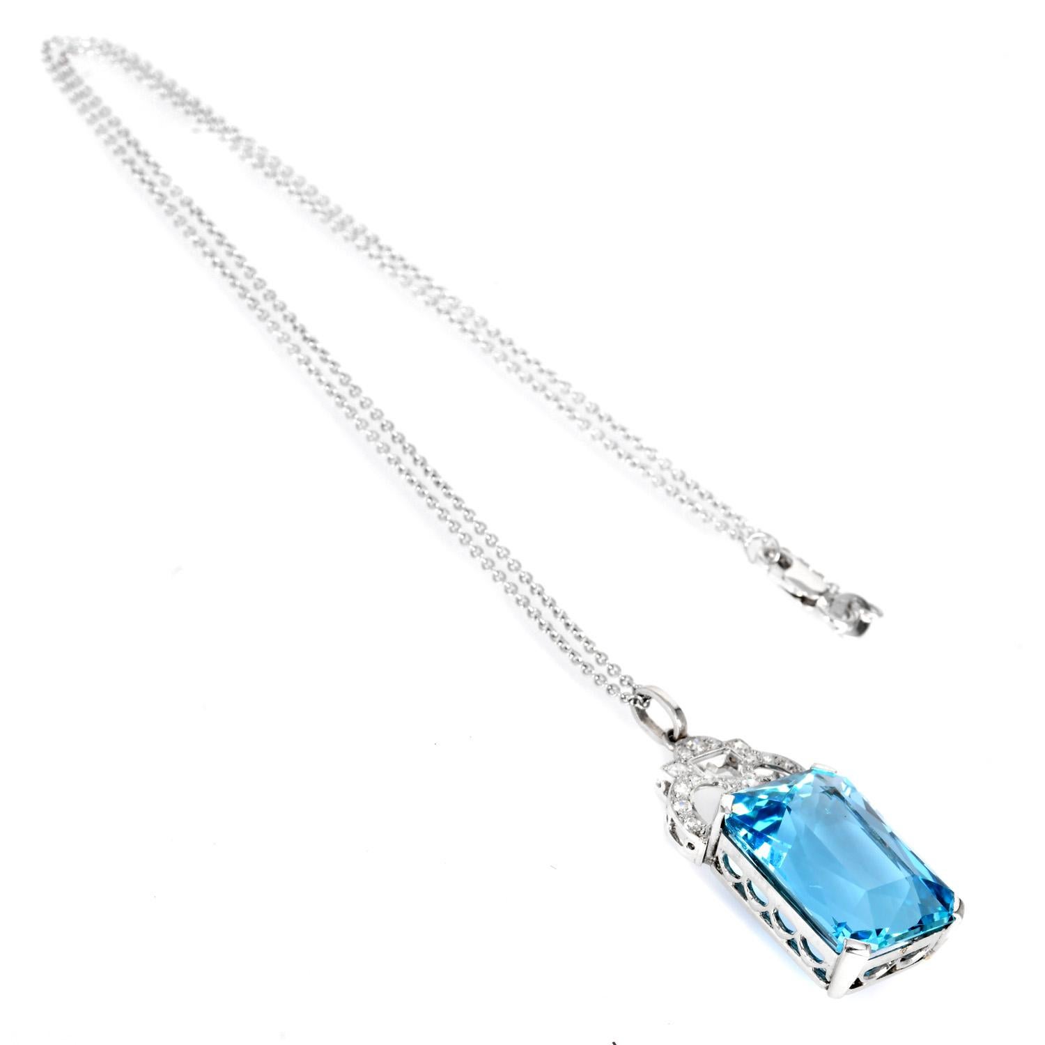 Women's or Men's Vintage GIA 18.95ct Aquamarine Diamond Gold Pendant Necklace For Sale