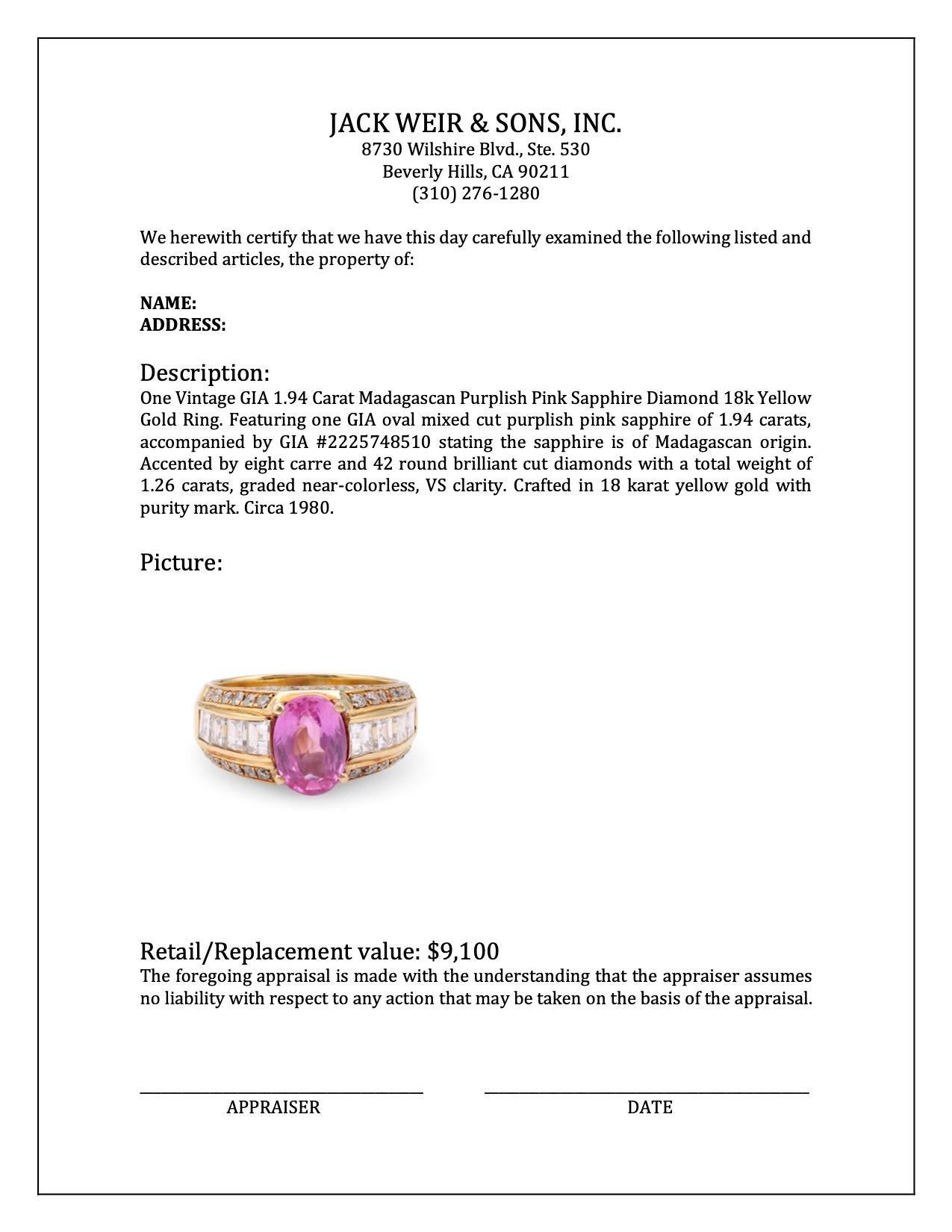 Vintage GIA 1.94 Carat Madagascan Purplish Pink Sapphire Diamond 18k Yellow Gold For Sale 1