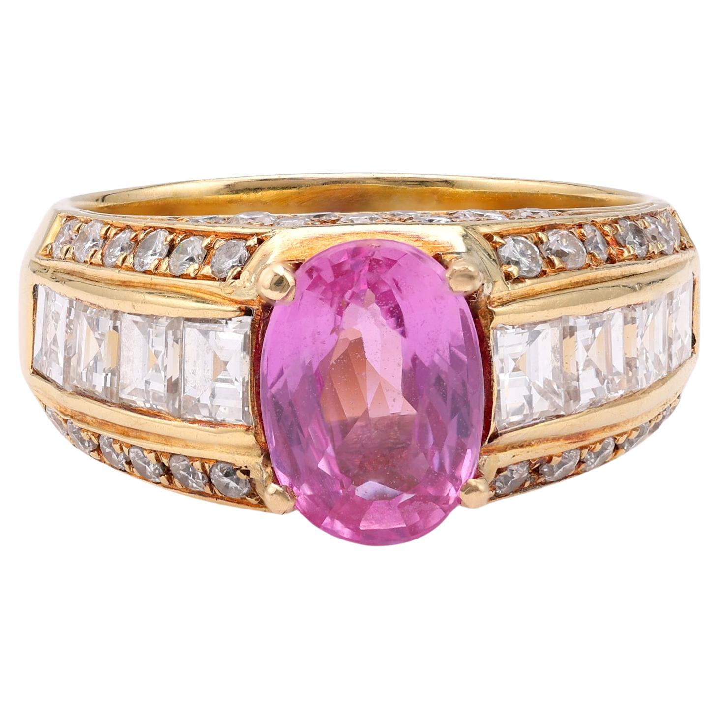 Vintage GIA 1.94 Carat Madagascan Purplish Pink Sapphire Diamond 18k Yellow Gold