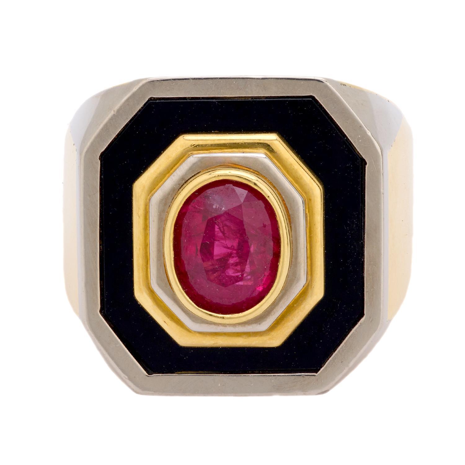 Moderne Bague vintage en or jaune et blanc 18 carats, onyx et rubis de 2 carats, certifié GIA, sans chaleur