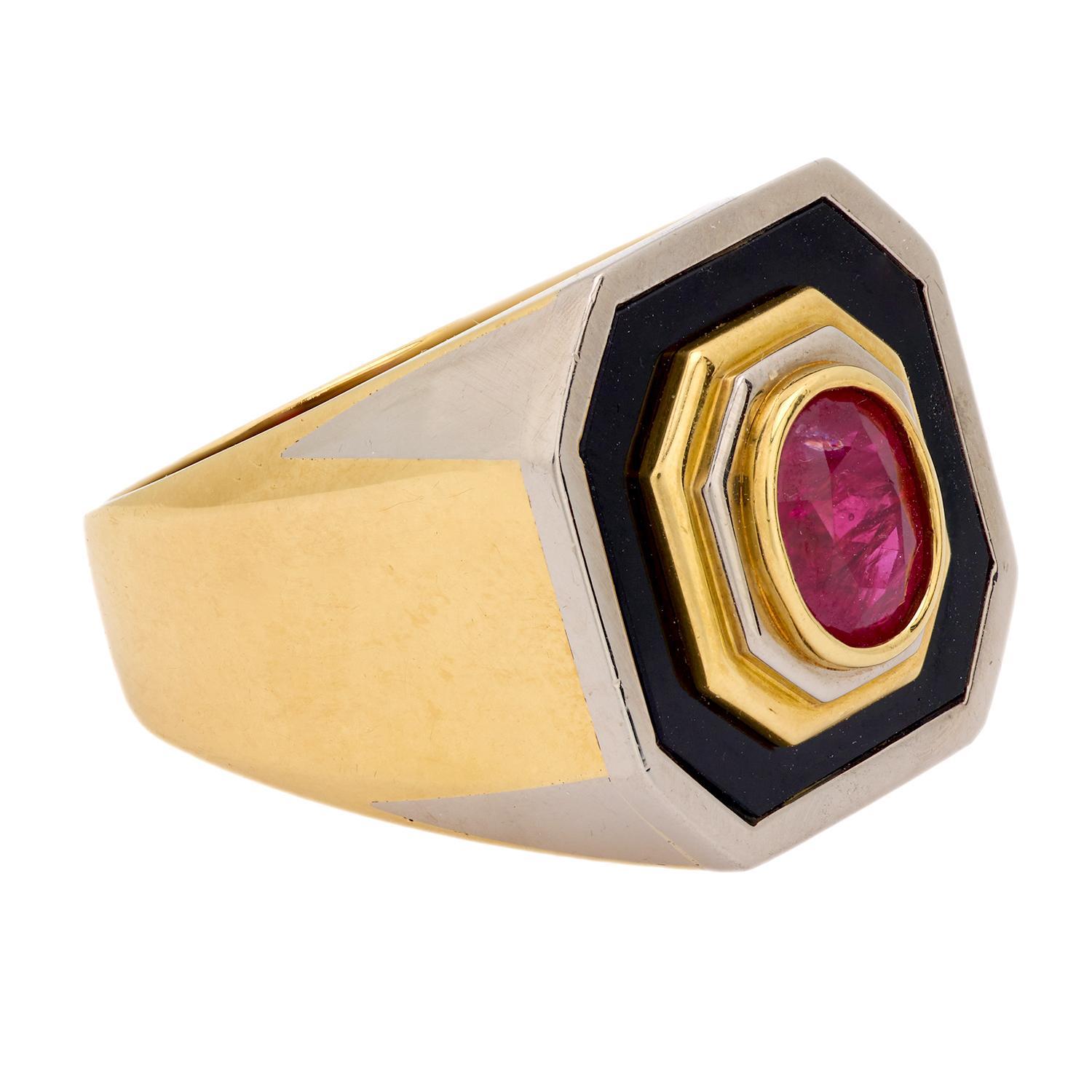 Bague vintage en or jaune et blanc 18 carats, onyx et rubis de 2 carats, certifié GIA, sans chaleur Bon état à Beverly Hills, CA