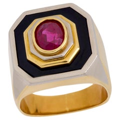 Anello vintage GIA da 2 carati senza calore con rubino e onice in oro giallo e bianco 18 ct.