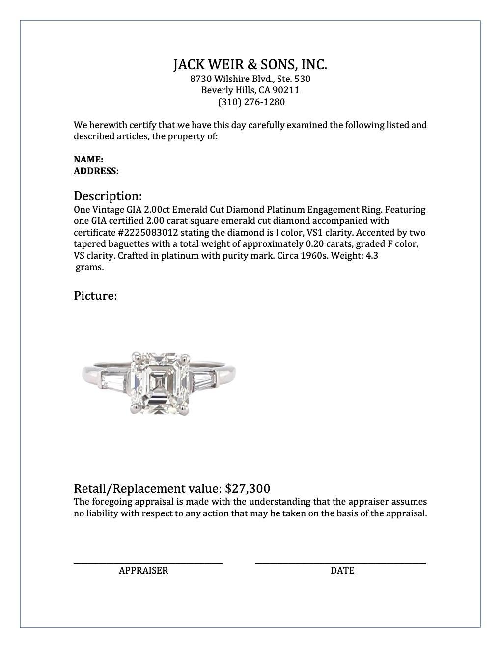 Women's or Men's Vintage GIA 2.00 Carat Emerald Cut Diamond Platinum Engagement Ring