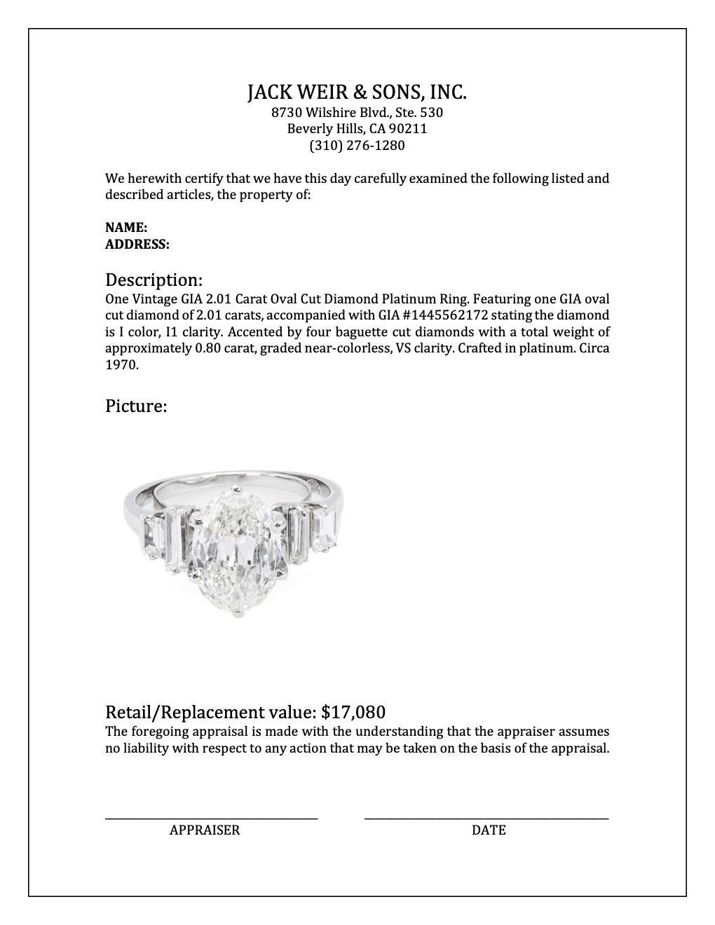 Vintage GIA 2.01 Carat Oval Cut Diamond Platinum Ring 4