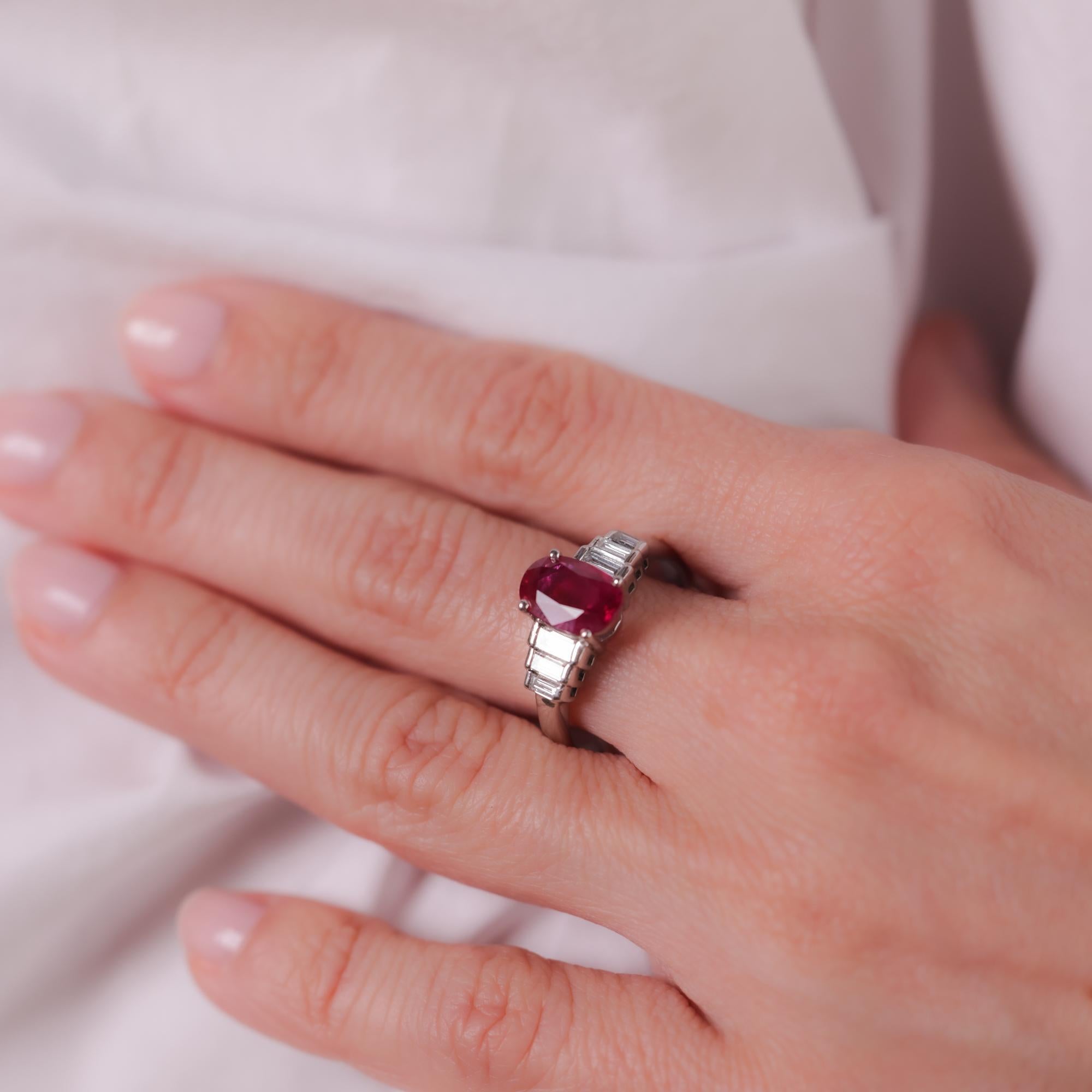 Oval Cut Vintage GIA 2.03 carat Burma ruby diamond platinum ring For Sale