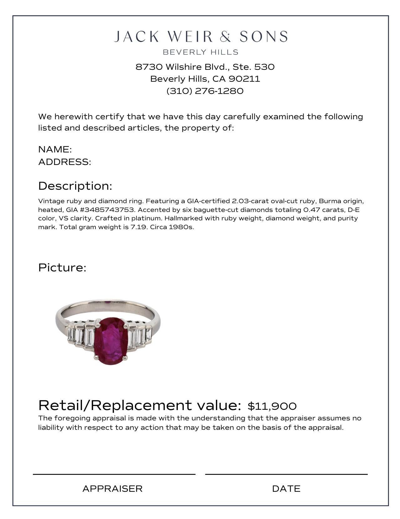 Women's or Men's Vintage GIA 2.03 carat Burma ruby diamond platinum ring For Sale