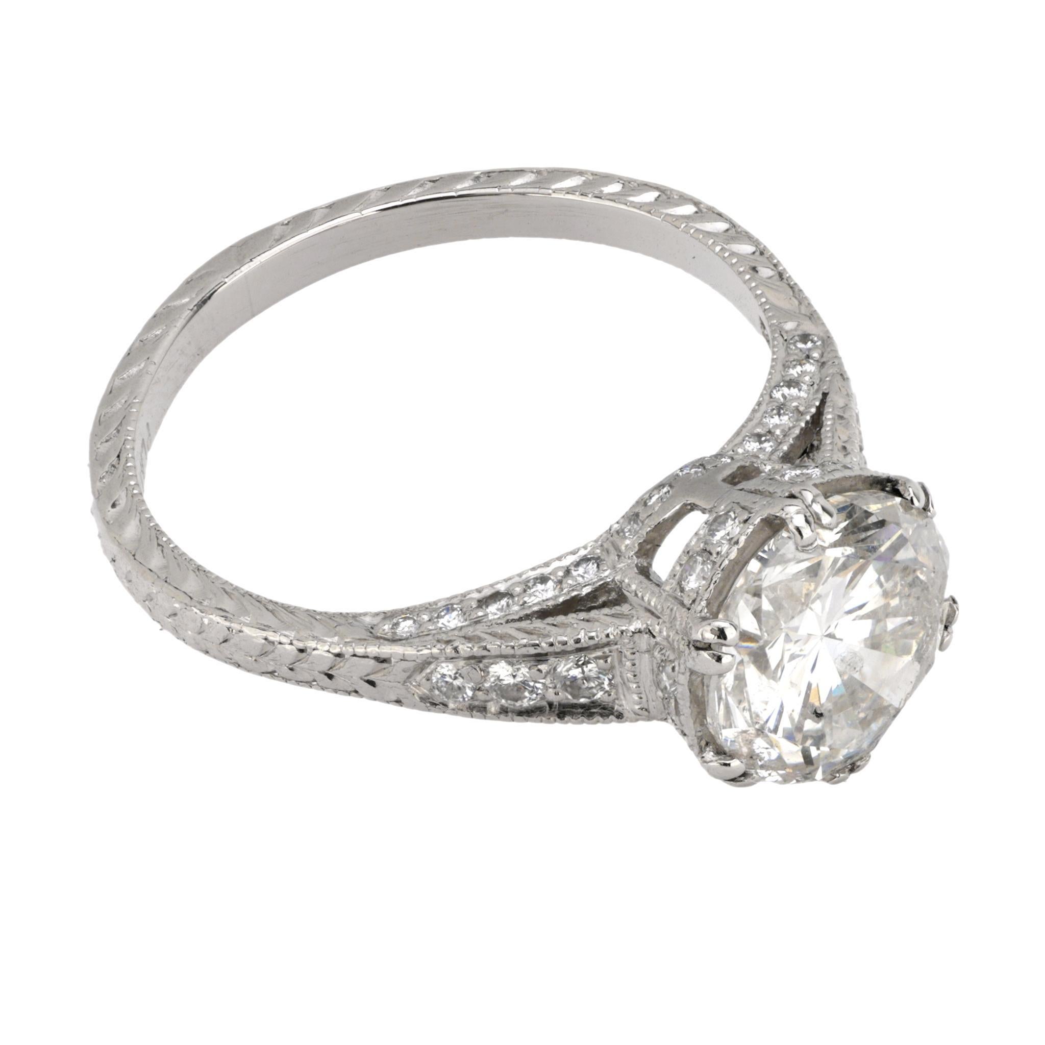 Vintage GIA 2.03 carat diamond platinum engagement ring In Excellent Condition In Beverly Hills, CA