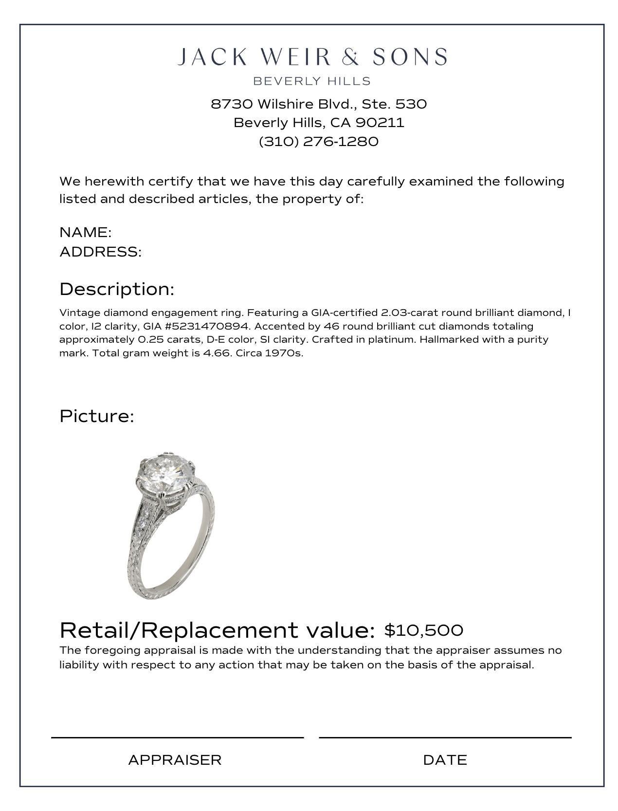 Vintage GIA 2.03 carat diamond platinum engagement ring 1