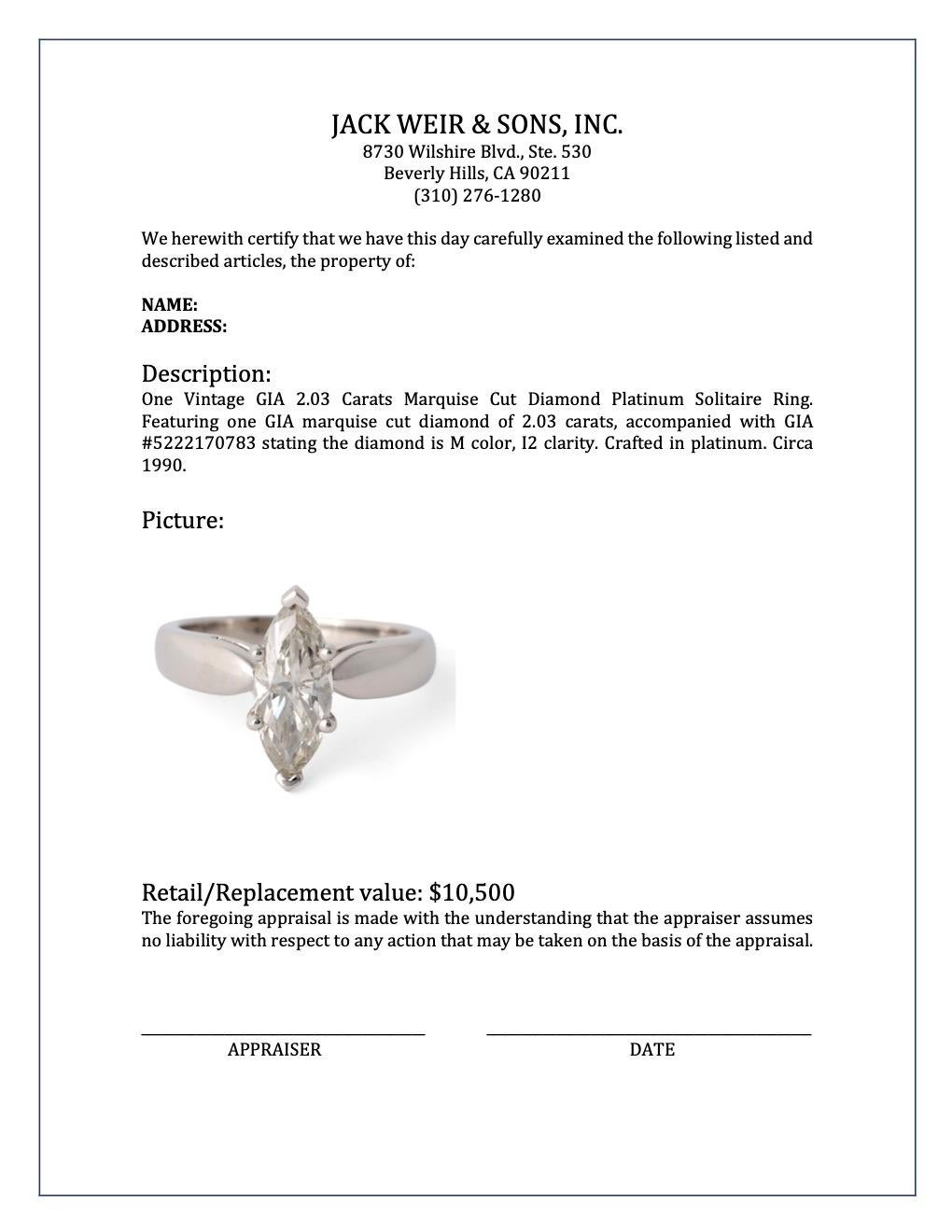 Vintage GIA 2.03 Carats Marquise Cut Diamond Platinum Solitaire Ring 4