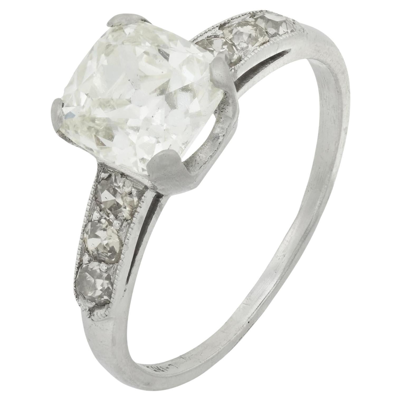Vintage GIA 2.07 carat cushion cut diamond platinum engagement ring