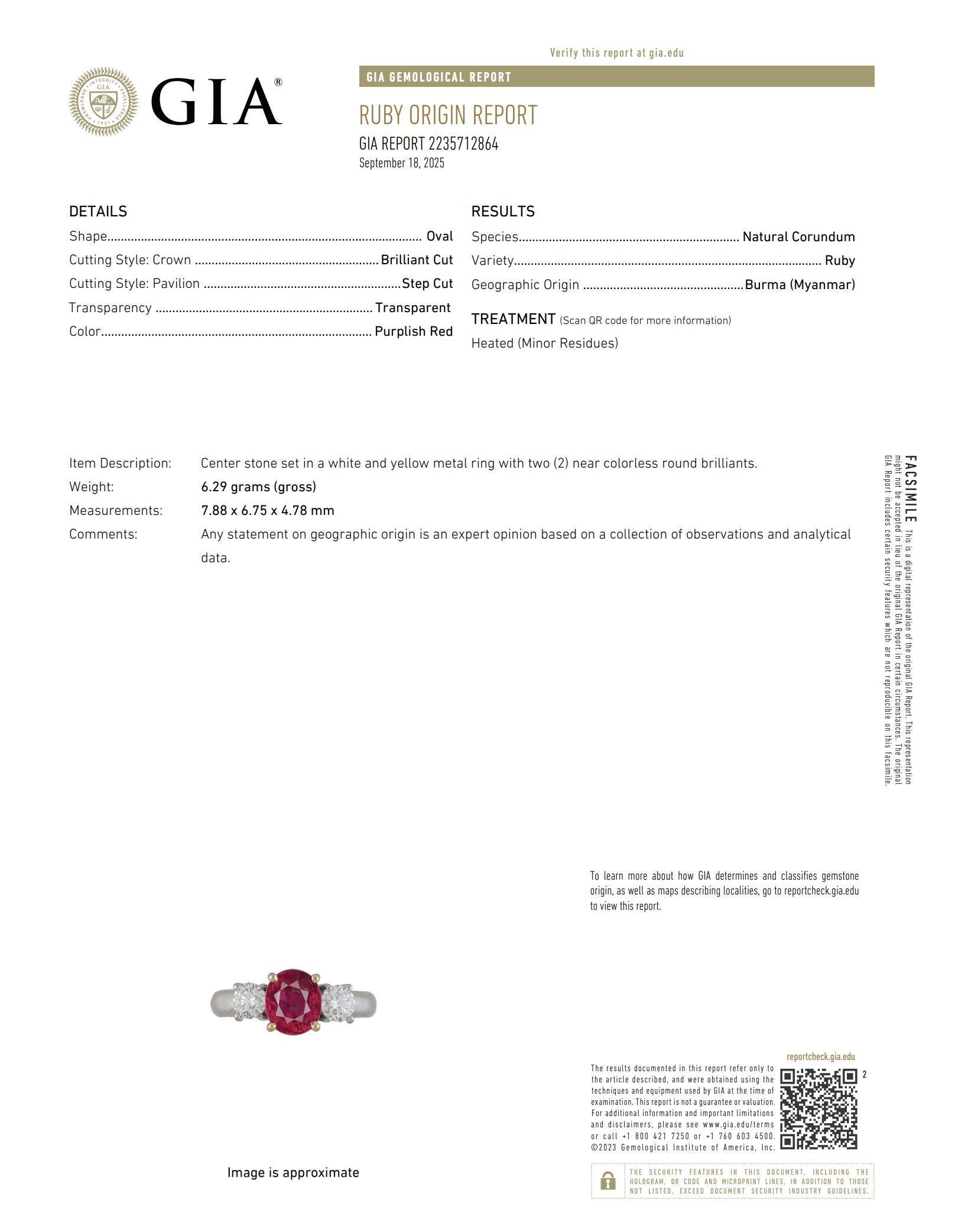 Vintage GIA 2.10 carat Burma ruby diamond 18k white gold three stone ring en vente 2
