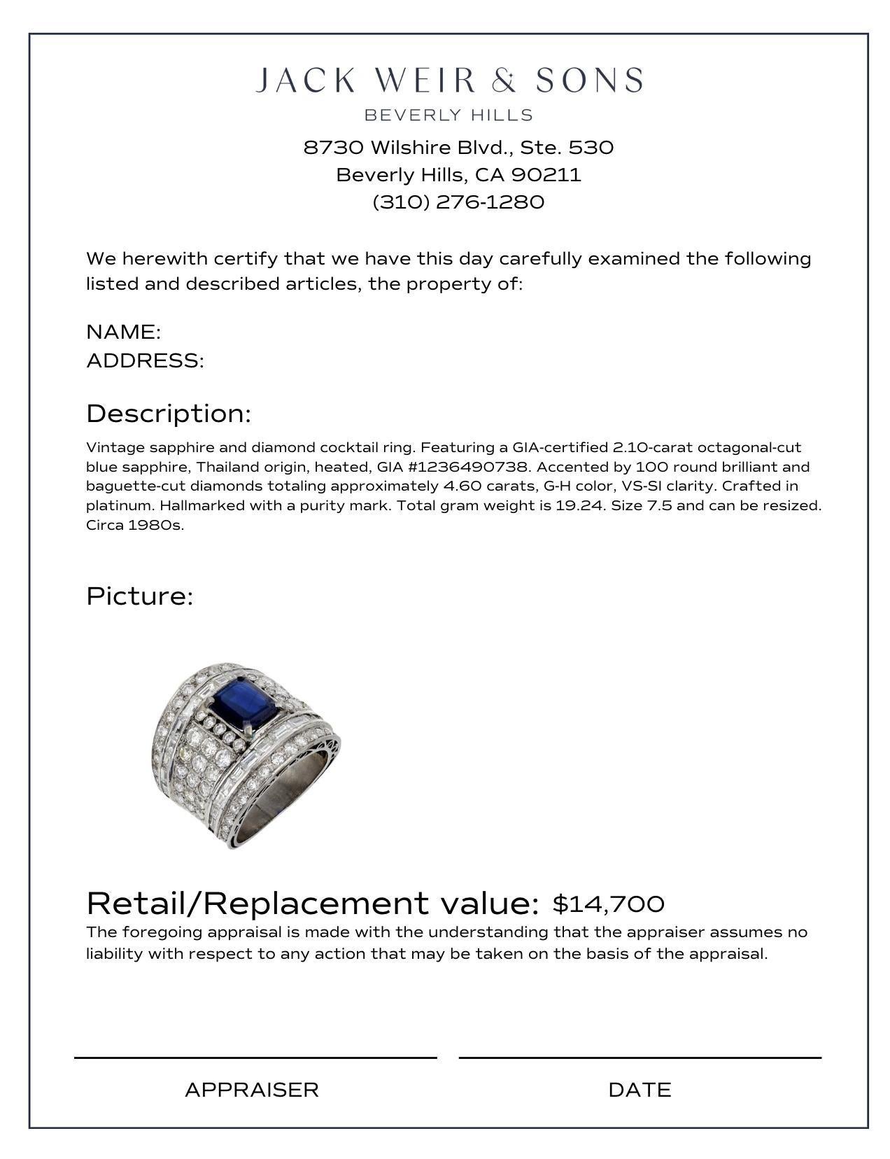 Bague cocktail vintage en platine avec saphir, diamant et saphir de 2,10 carats certifié GIA en vente 1