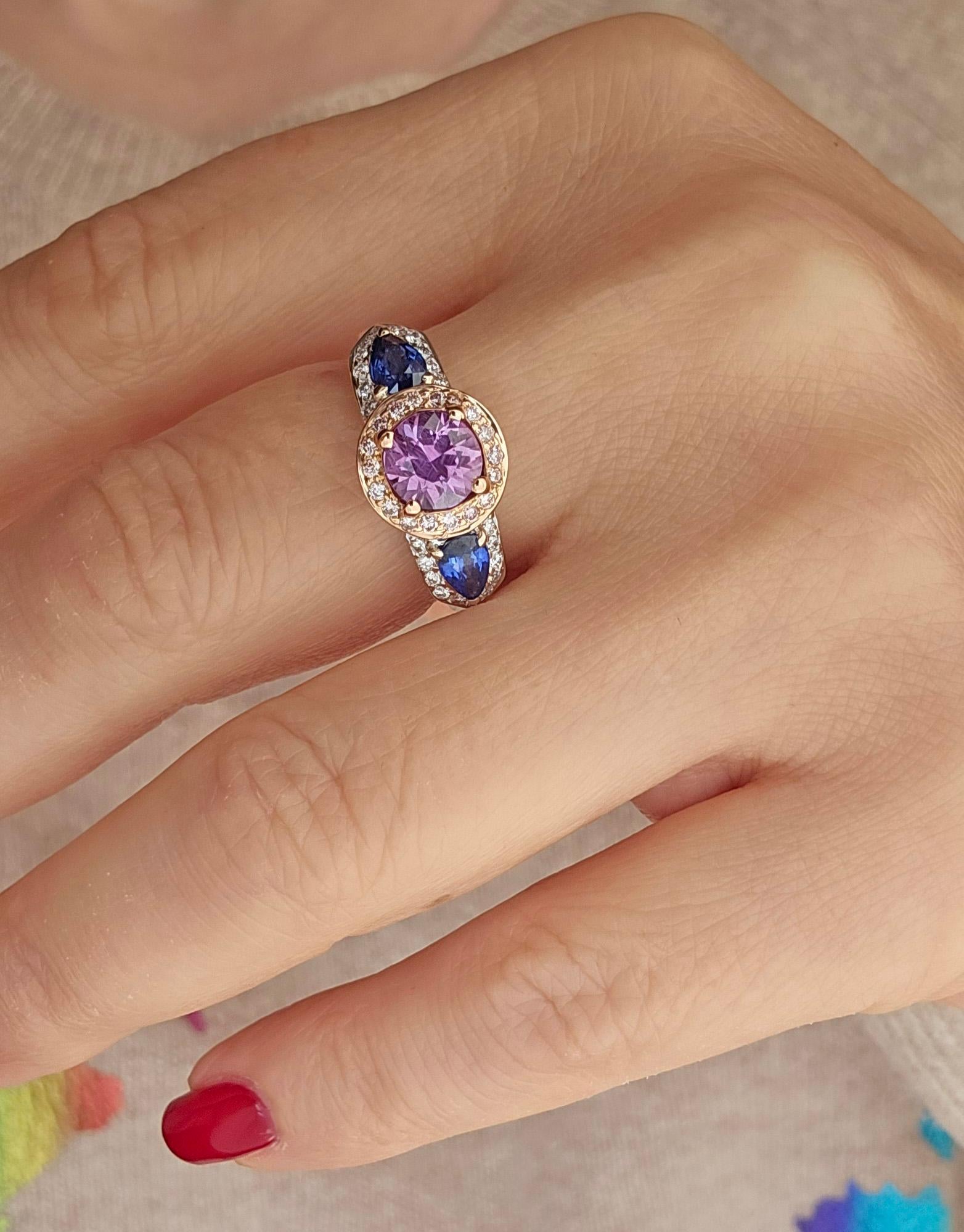 Vintage GIA 2.10ctw Unheated Pink Blue Sapphire & Pink White Diamond 18KWRG Ring For Sale 5