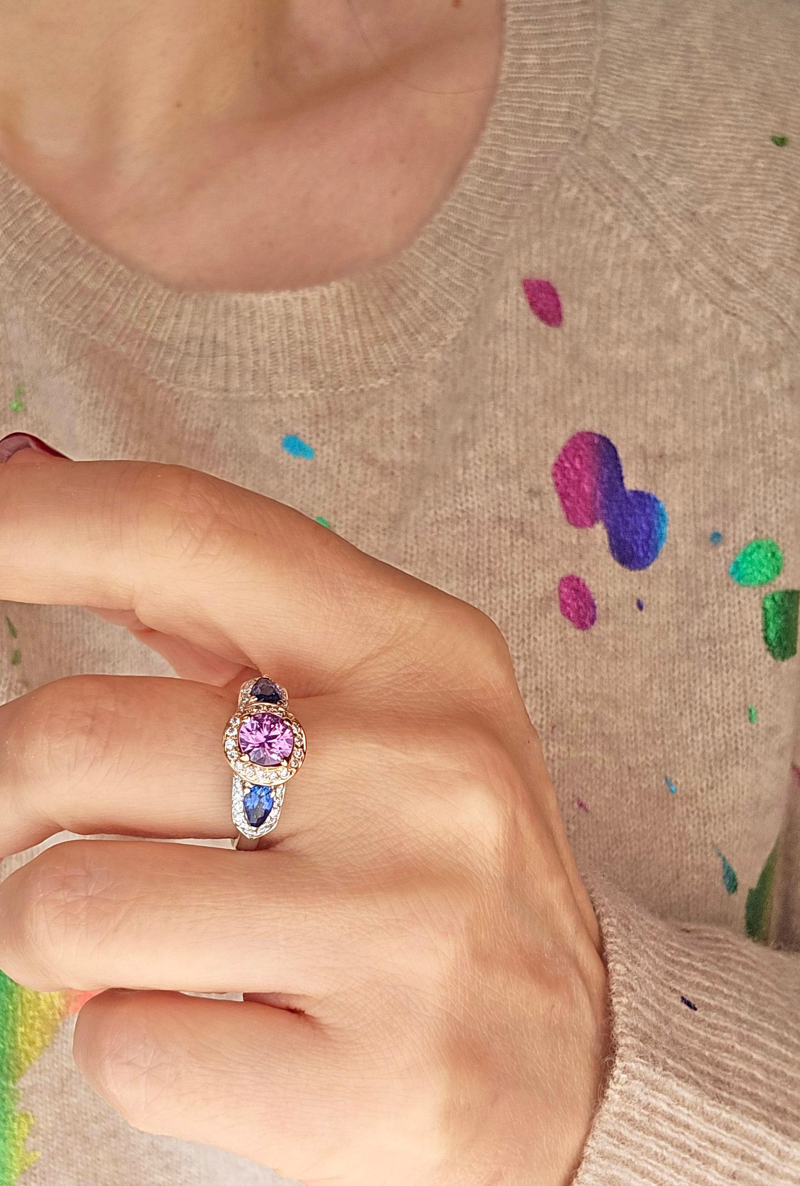 Vintage GIA 2.10ctw Unheated Pink Blue Sapphire & Pink White Diamond 18KWRG Ring For Sale 6