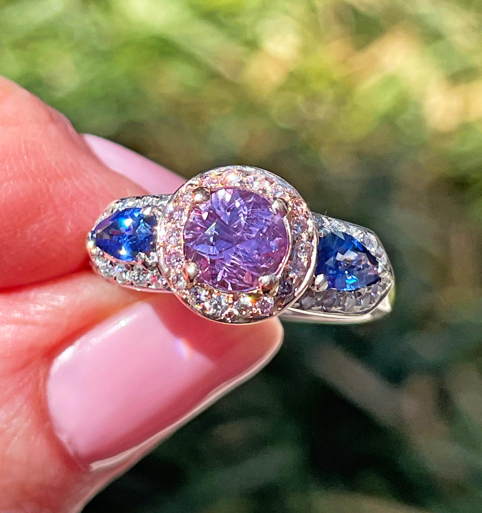 Vintage GIA 2.10ctw Unheated Pink Blue Sapphire & Pink White Diamond 18KWRG Ring For Sale 8