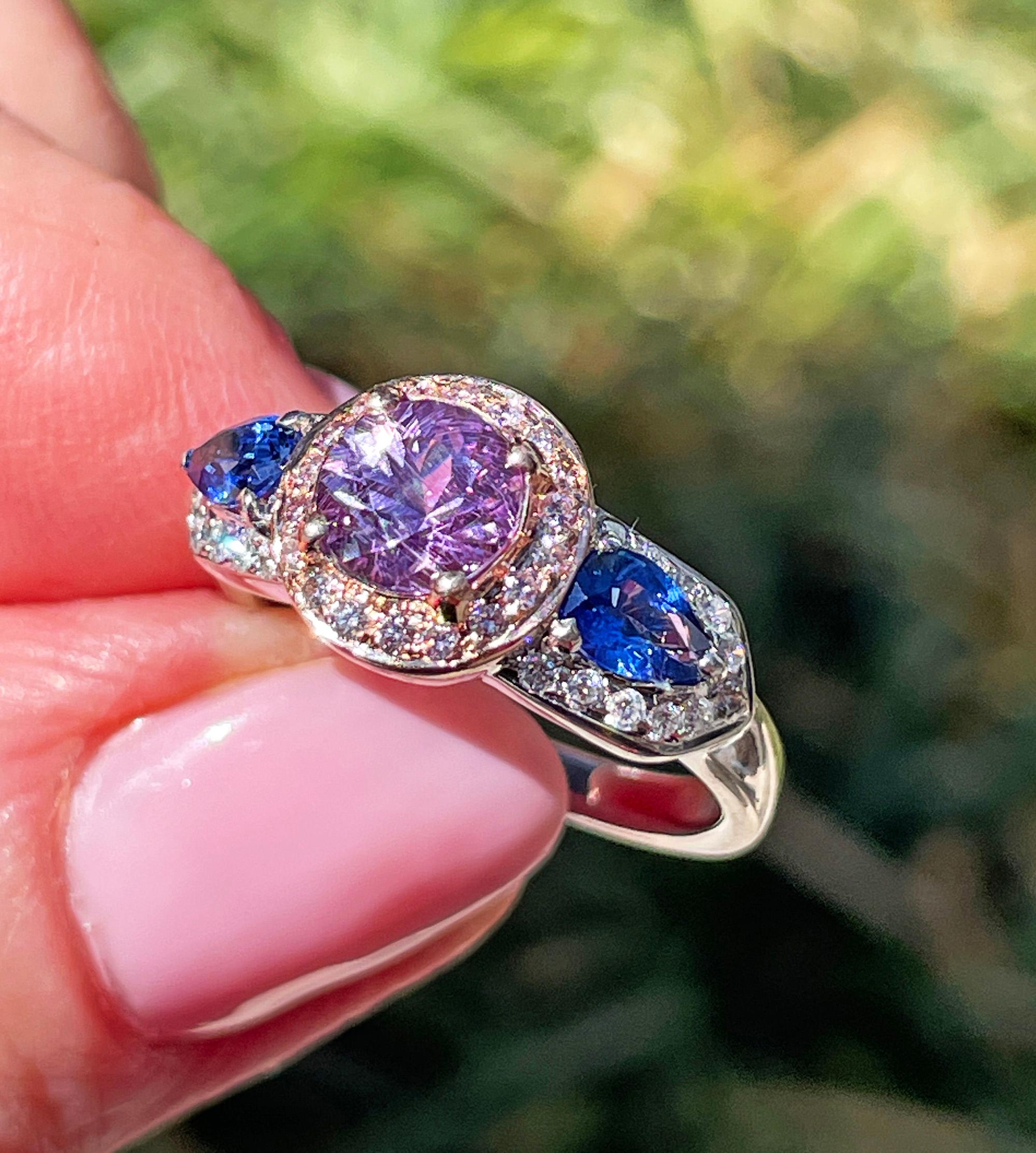 Vintage GIA 2.10ctw Unheated Pink Blue Sapphire & Pink White Diamond 18KWRG Ring For Sale 9