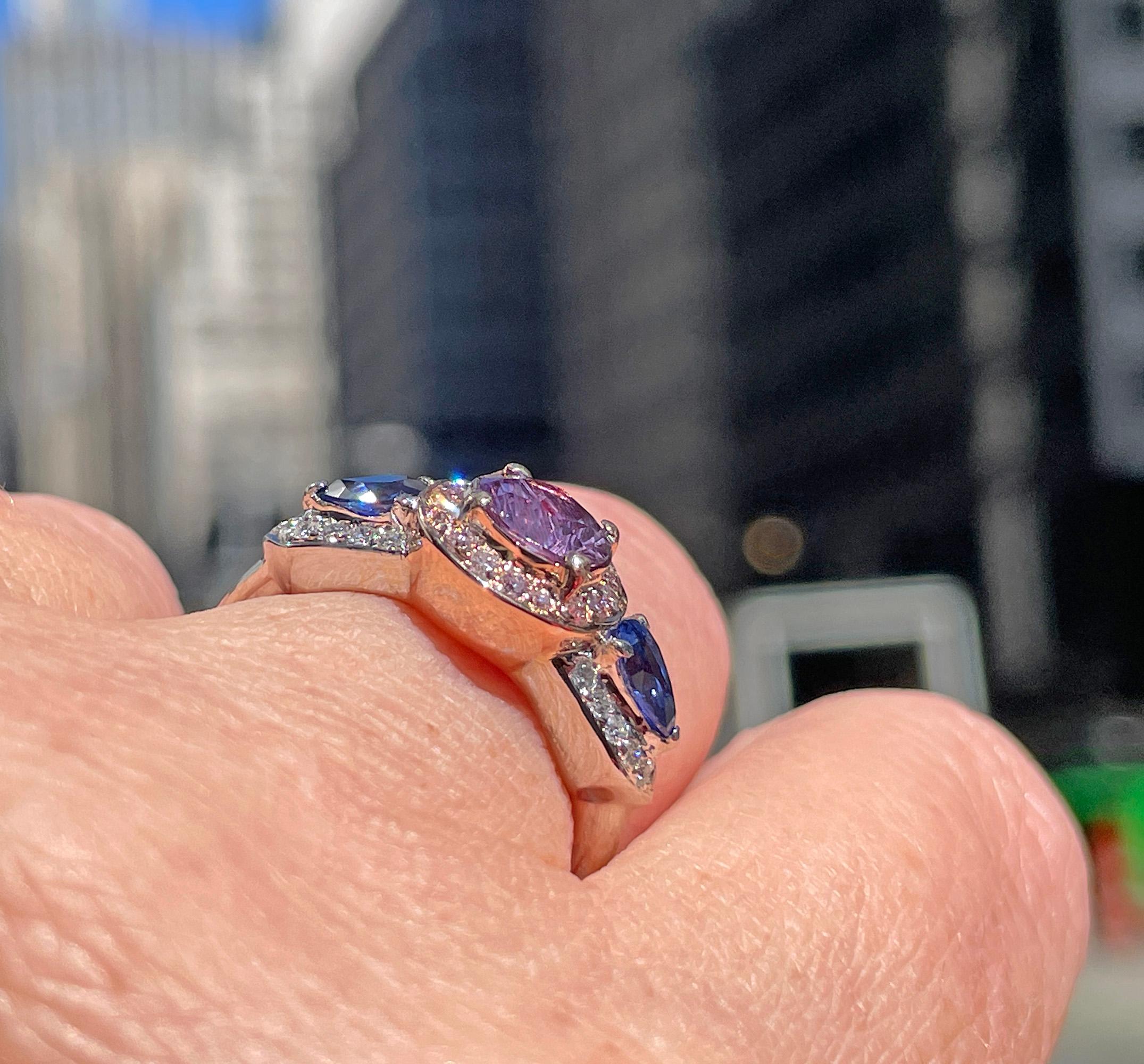 Vintage GIA 2.10ctw Unheated Pink Blue Sapphire & Pink White Diamond 18KWRG Ring For Sale 11