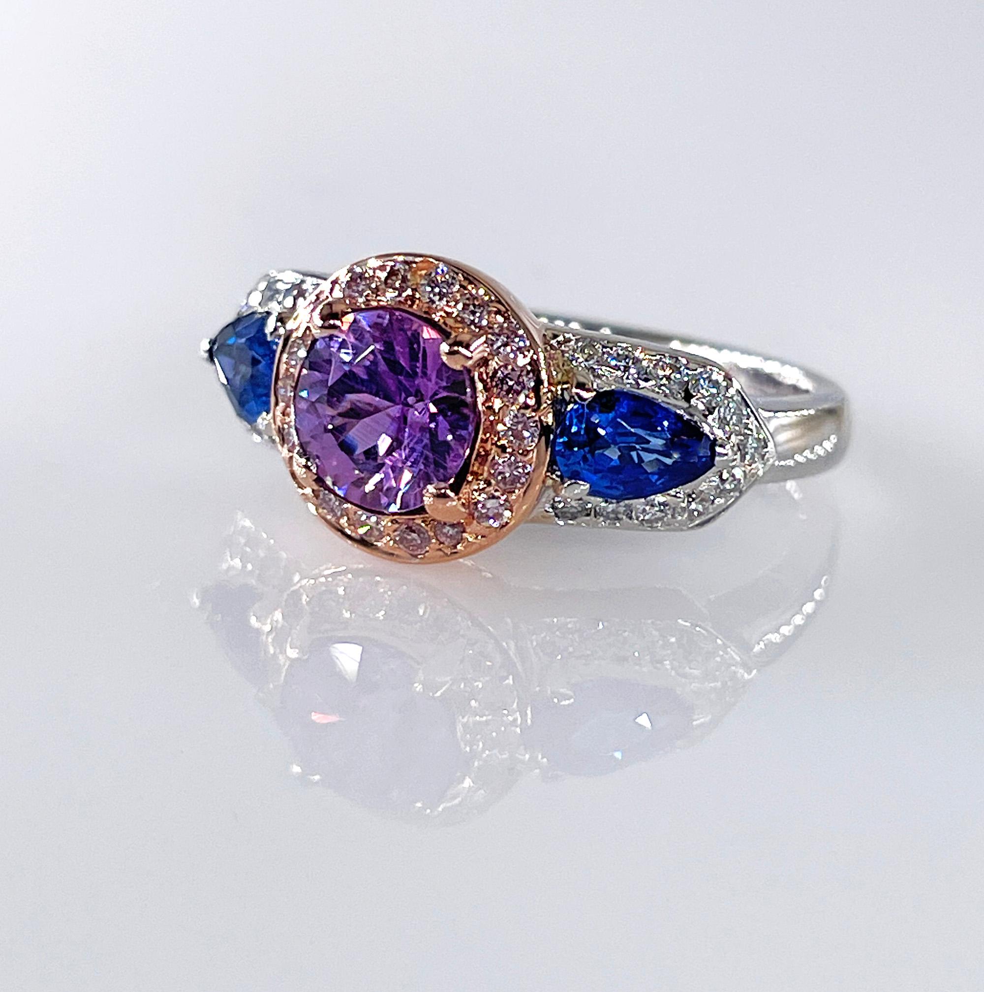 Modern Vintage GIA 2.10ctw Unheated Pink Blue Sapphire & Pink White Diamond 18KWRG Ring For Sale