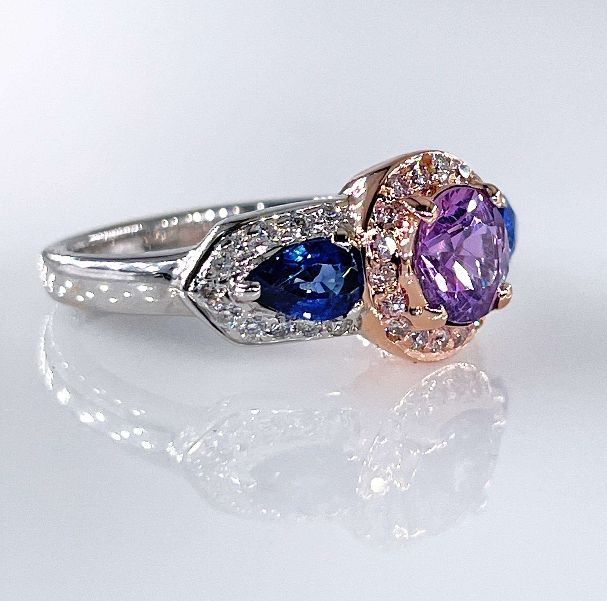 Round Cut Vintage GIA 2.10ctw Unheated Pink Blue Sapphire & Pink White Diamond 18KWRG Ring For Sale
