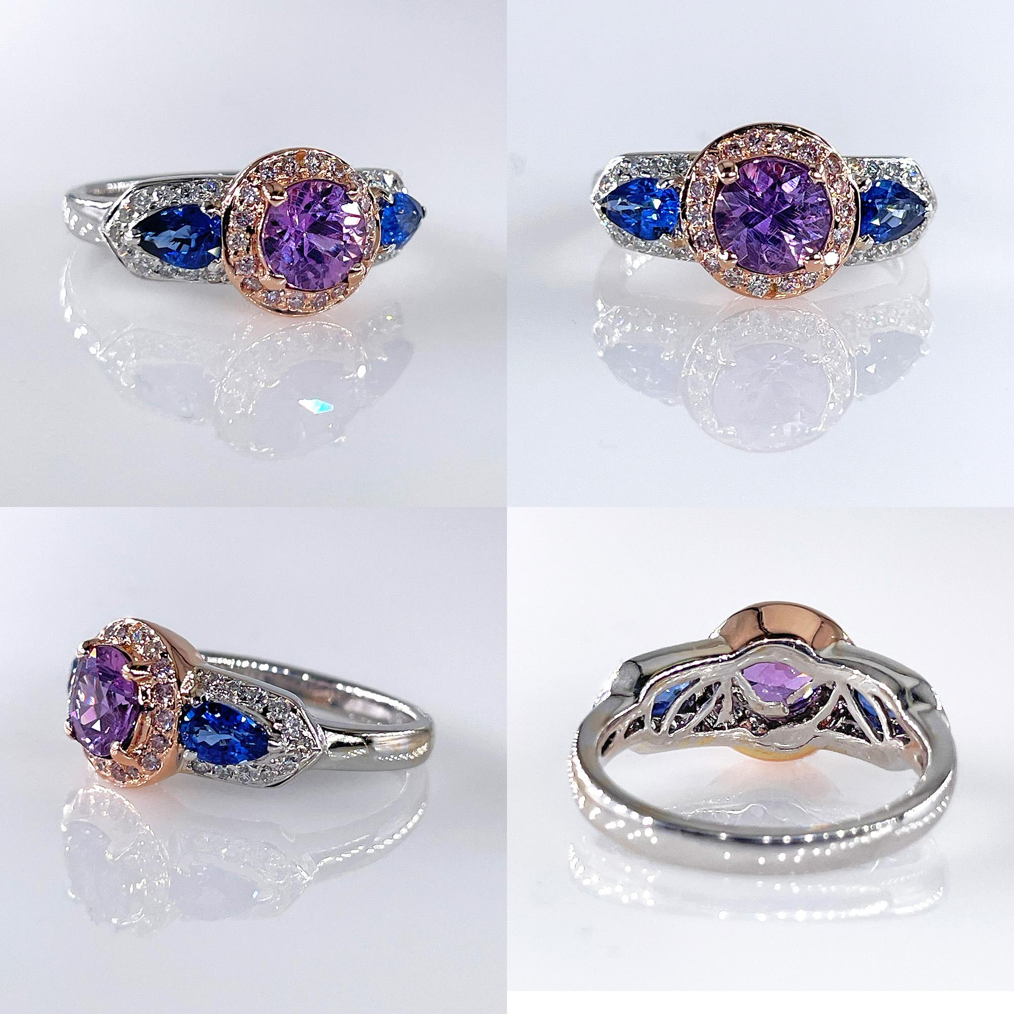 Women's Vintage GIA 2.10ctw Unheated Pink Blue Sapphire & Pink White Diamond 18KWRG Ring For Sale
