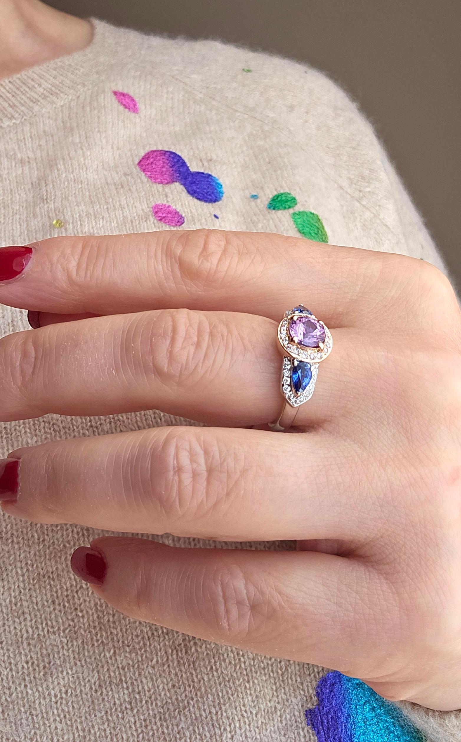 Vintage GIA 2.10ctw Unheated Pink Blue Sapphire & Pink White Diamond 18KWRG Ring For Sale 2
