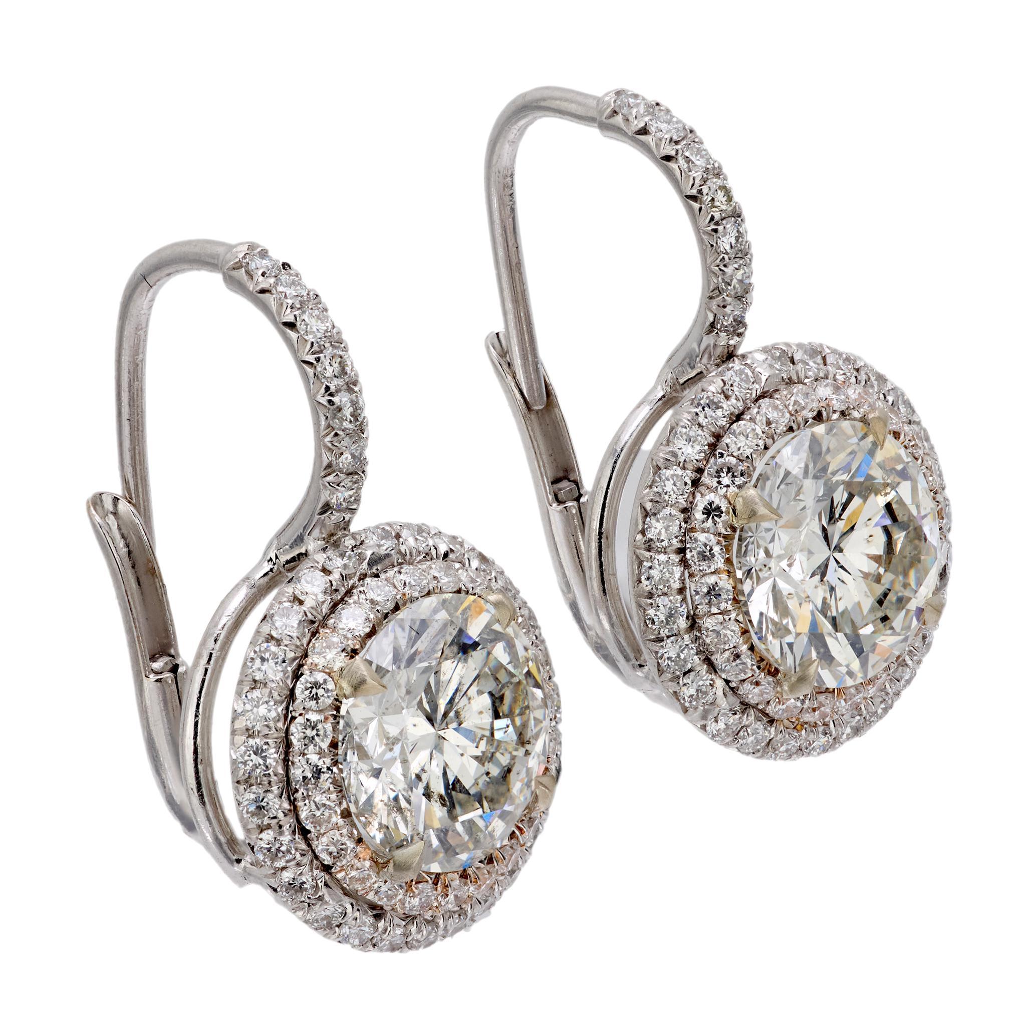 Modern Vintage GIA 2.14 and 2.11 carat diamond platinum earrings