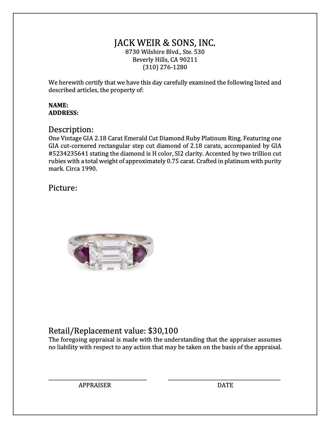 Vintage GIA 2.18 Carat Emerald Cut Diamond Ruby Platinum Ring en vente 1