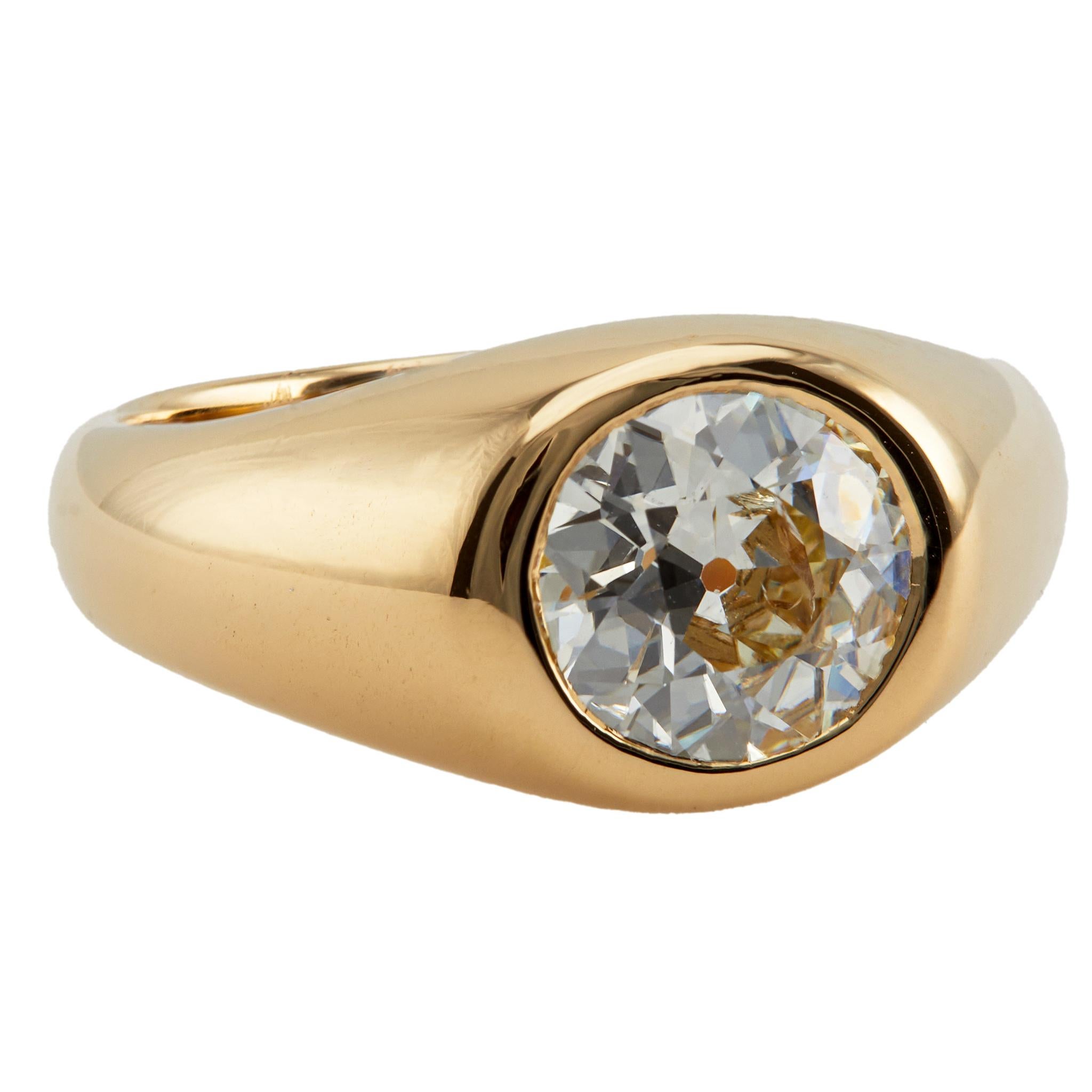 Women's or Men's Vintage GIA 2.29 Carat Old European Diamond 18k Gold Bezel Set Solitaire Ring
