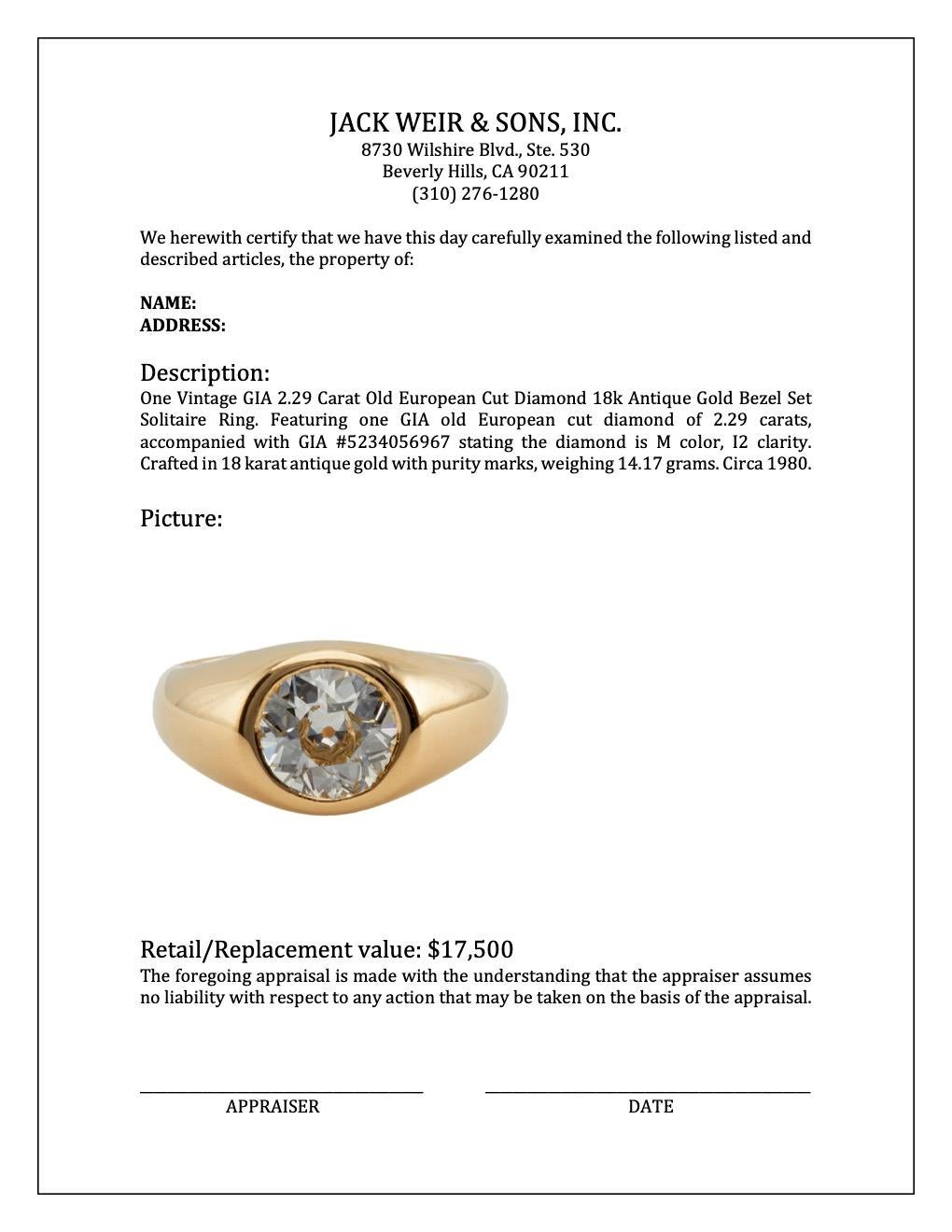 Vintage GIA 2.29 Carat Old European Diamond 18k Gold Bezel Set Solitaire Ring 2