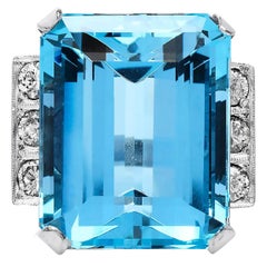 Vintage GIA 23.20 Carat Aquamarine Diamond Platinum Cocktail Ring